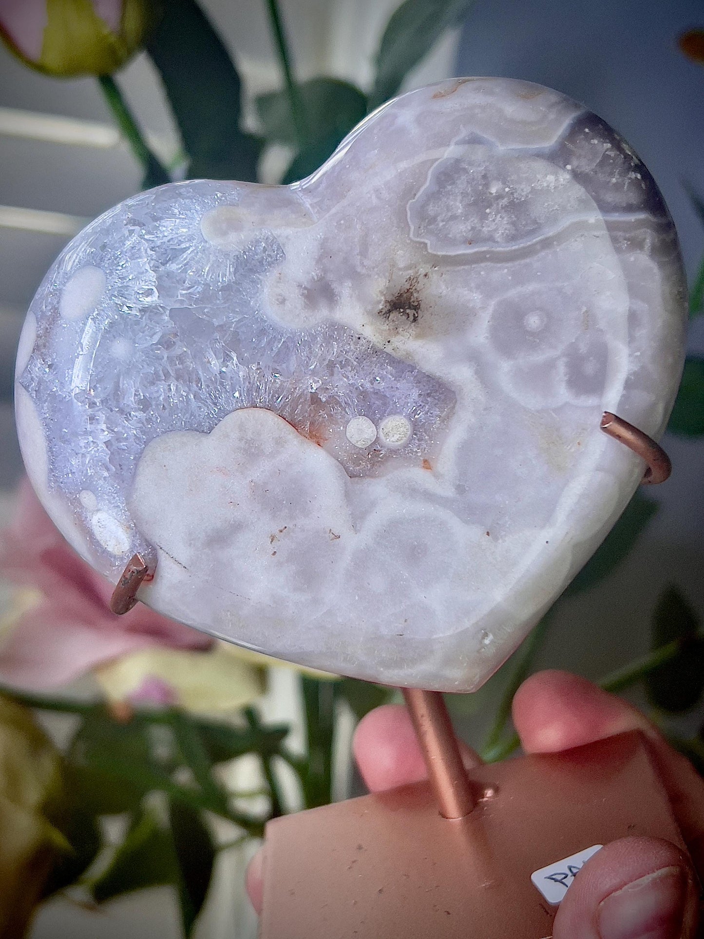 Pink amethyst heart on stand - it is scratched but can be repainted easily (discount already applied)