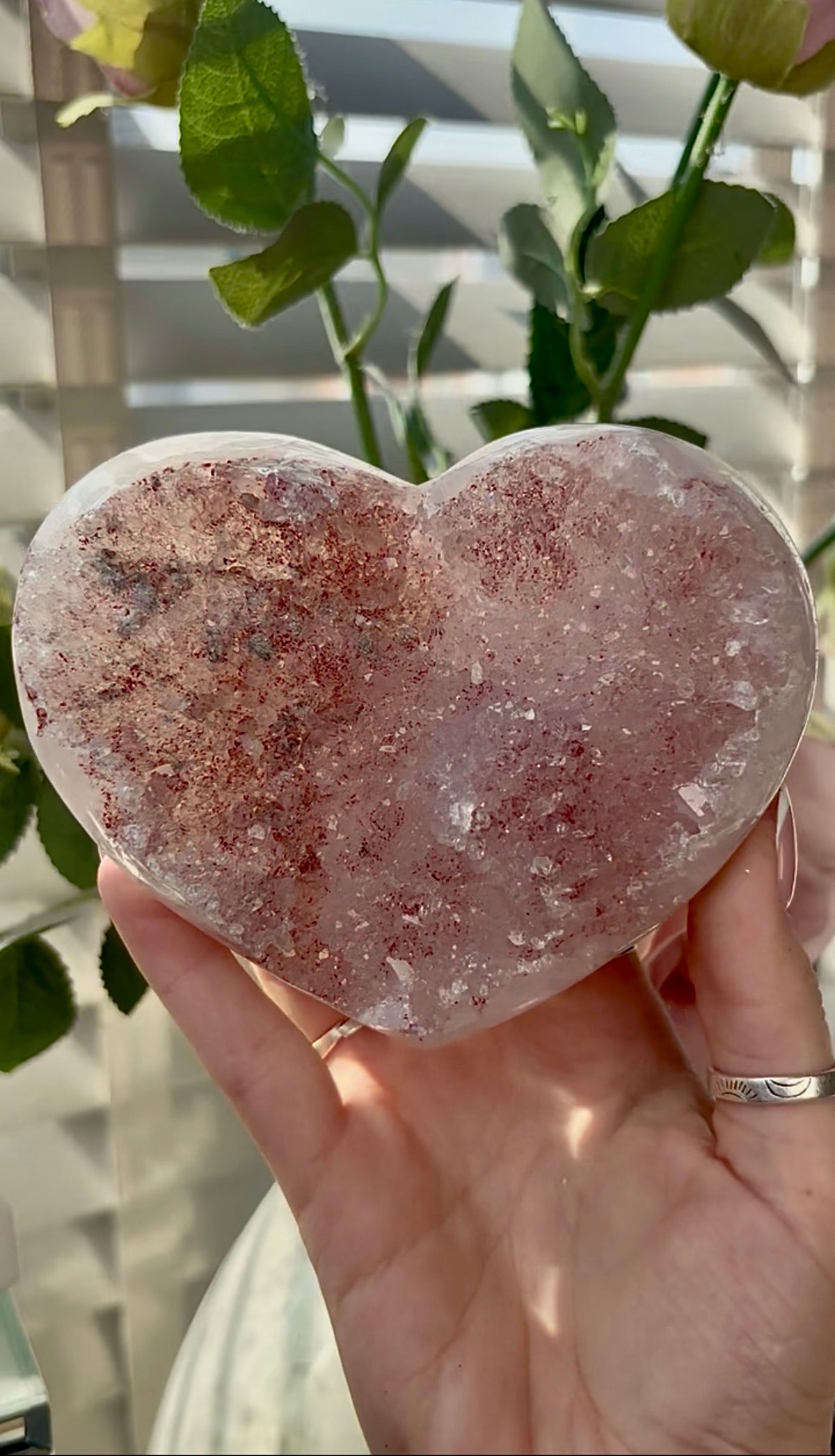 Gorgeous, pink amethyst heart- comes with stand