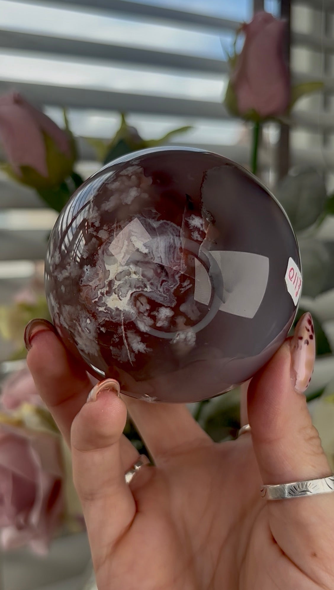 High grade, amethyst Flower agate sphere with high clarity quartz