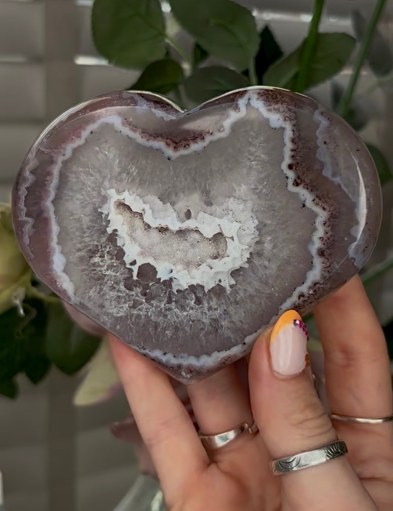 Beautiful, high grade, agate heart with druzy - comes with stand