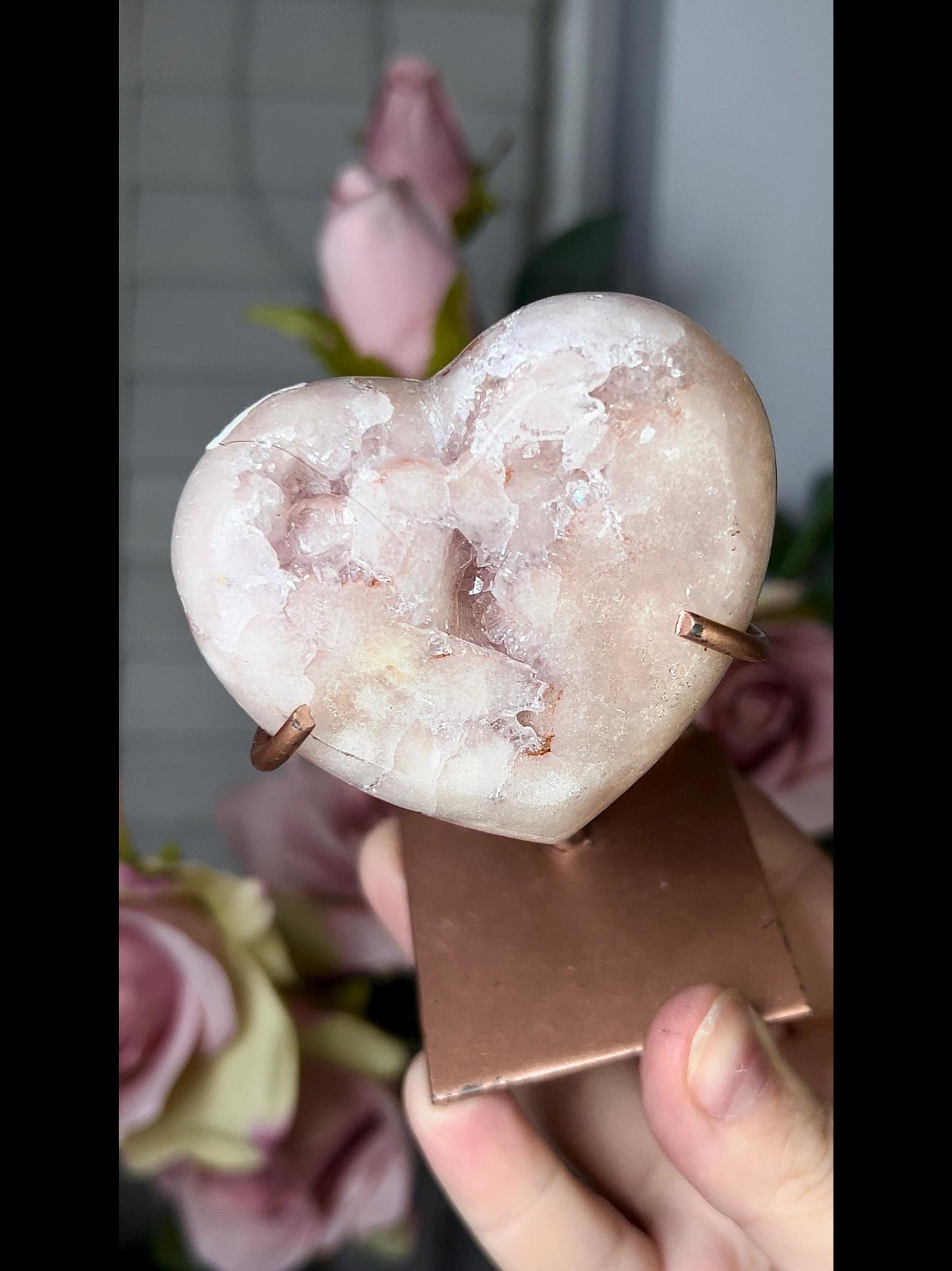 pink amethyst heart with quartz druzy comes with stand that is scratched (discount added)