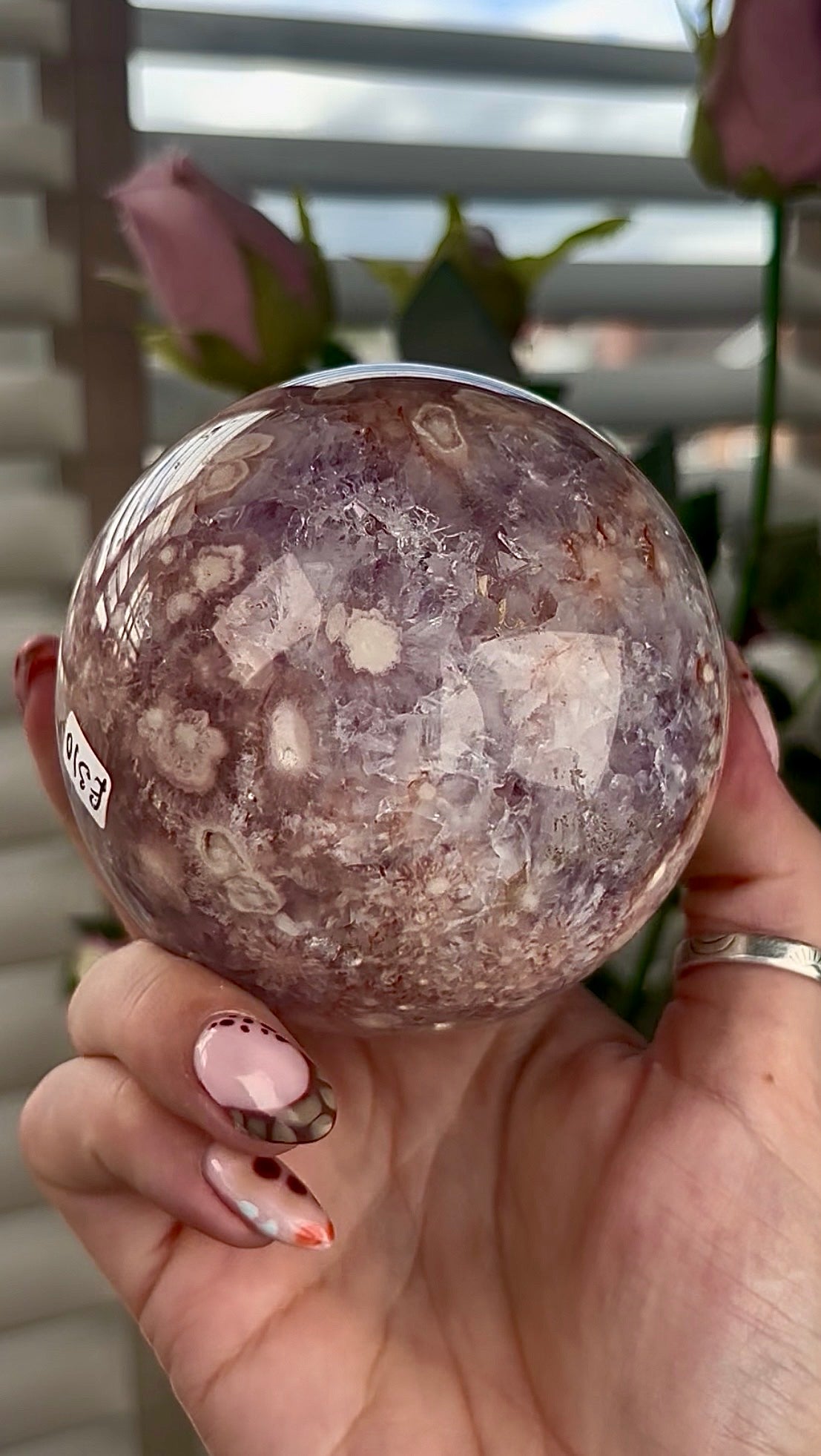 High grade, amethyst Flower agate sphere with high clarity quartz