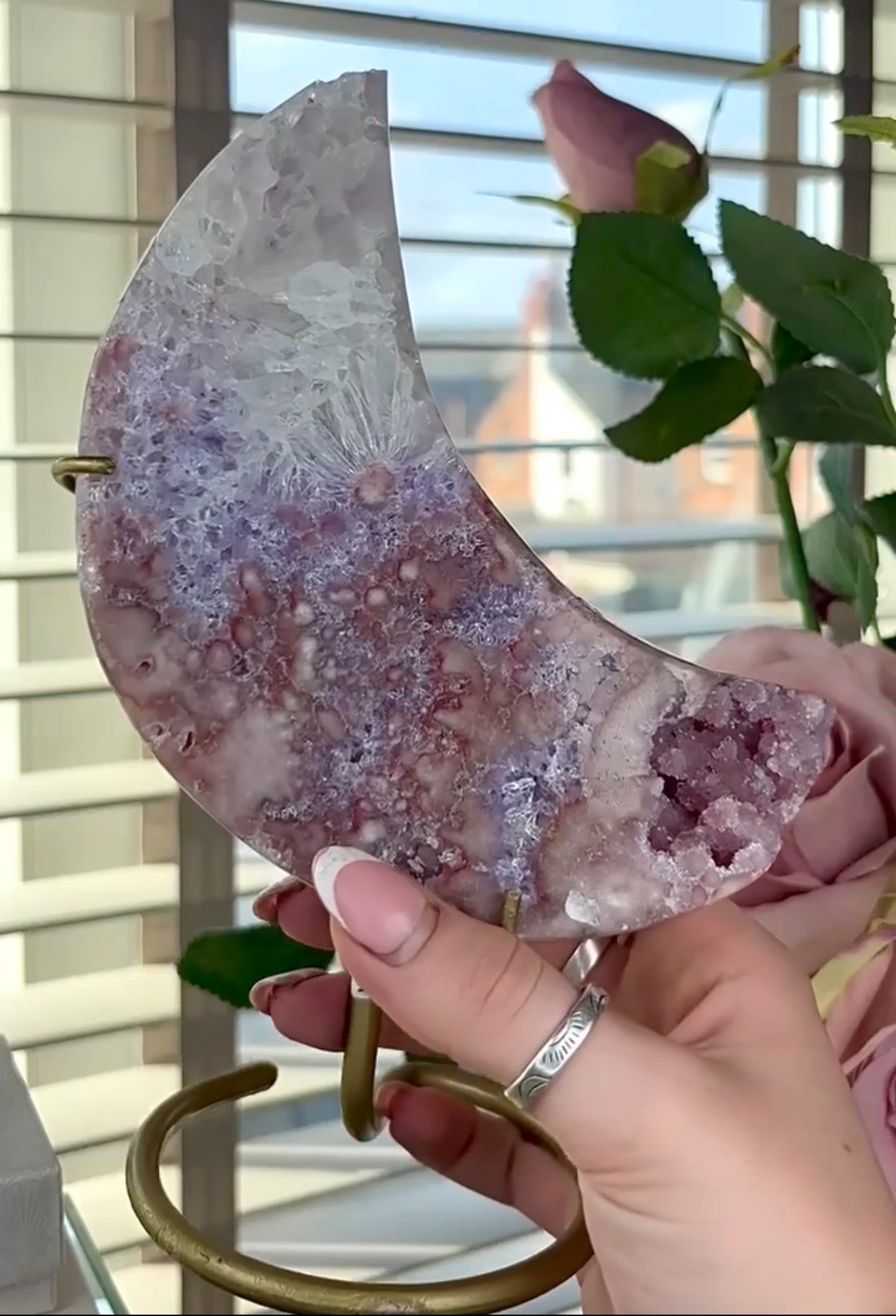 High grade, pink amethyst moon with quartz - comes with stand