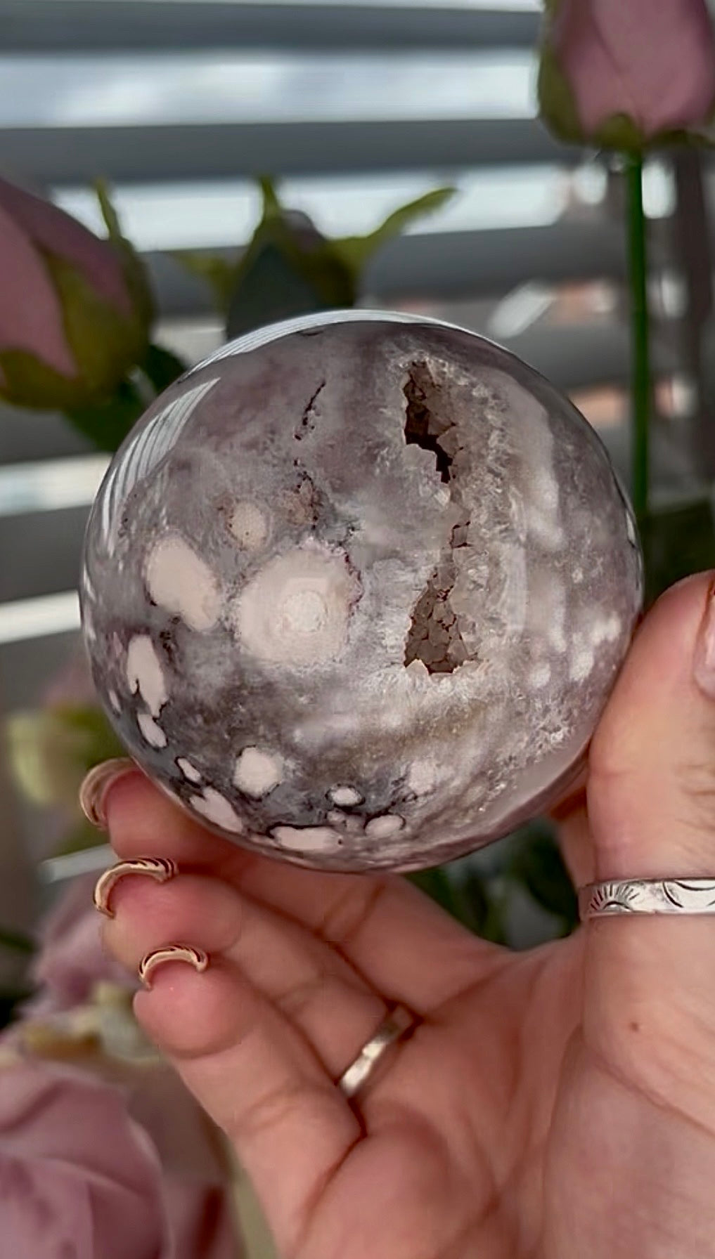 Stunning!! Super high quality, Druzy, green chlorite x blue flower agate sphere