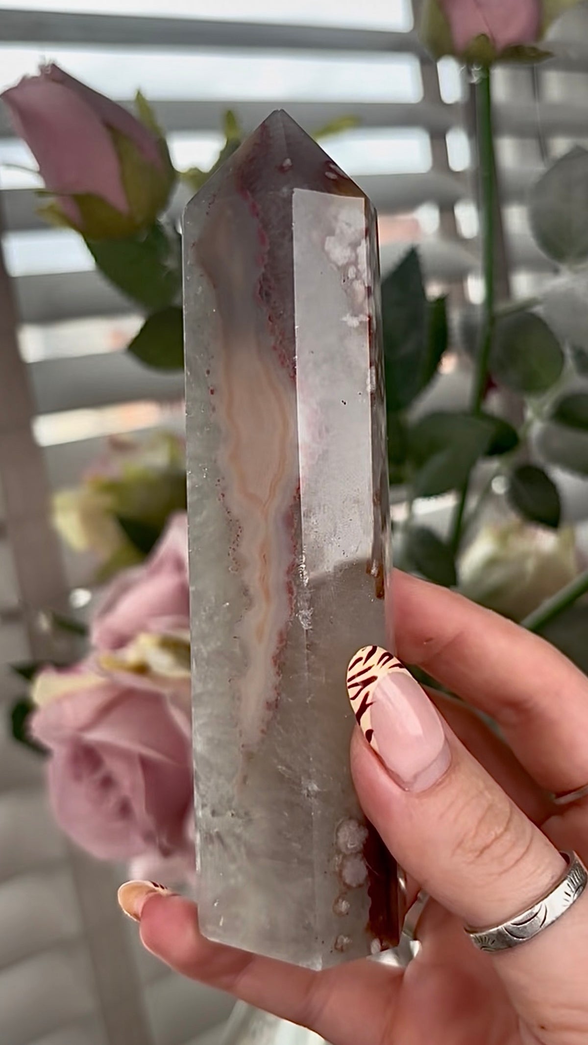 Stunning!! Super high quality, Druzy, green chlorite x blue flower agate tower