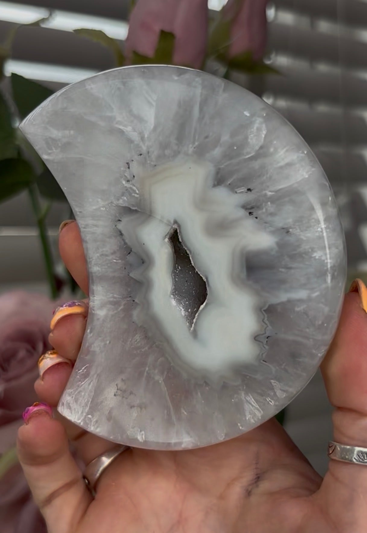 Beautiful, high grade, agate moon with druzy - comes with stand