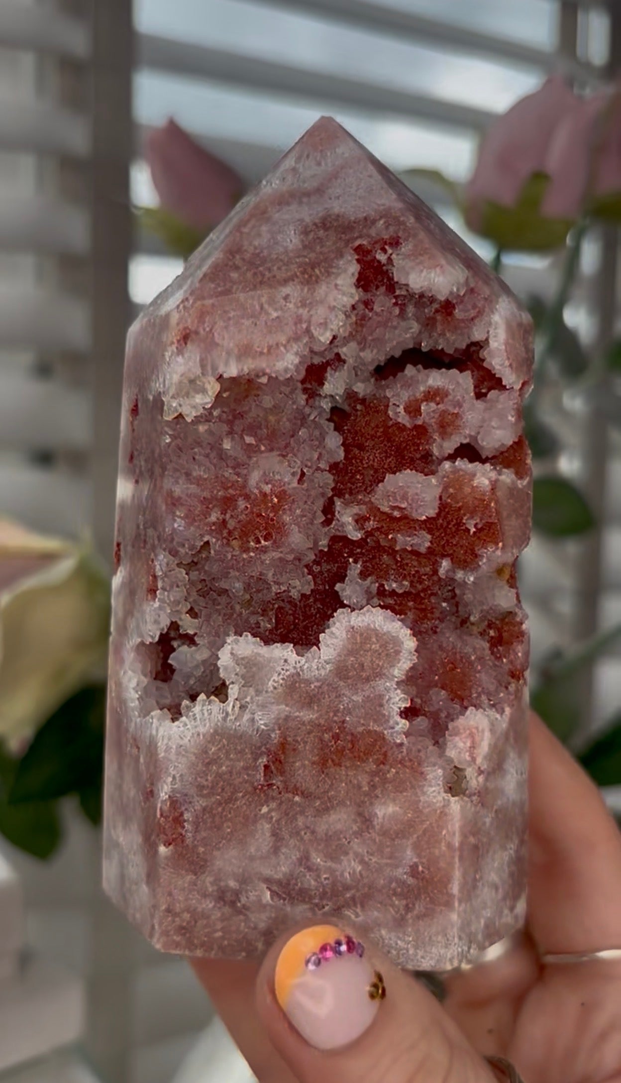 Pretty, high quality, Pink amethyst tower, in a red tone
