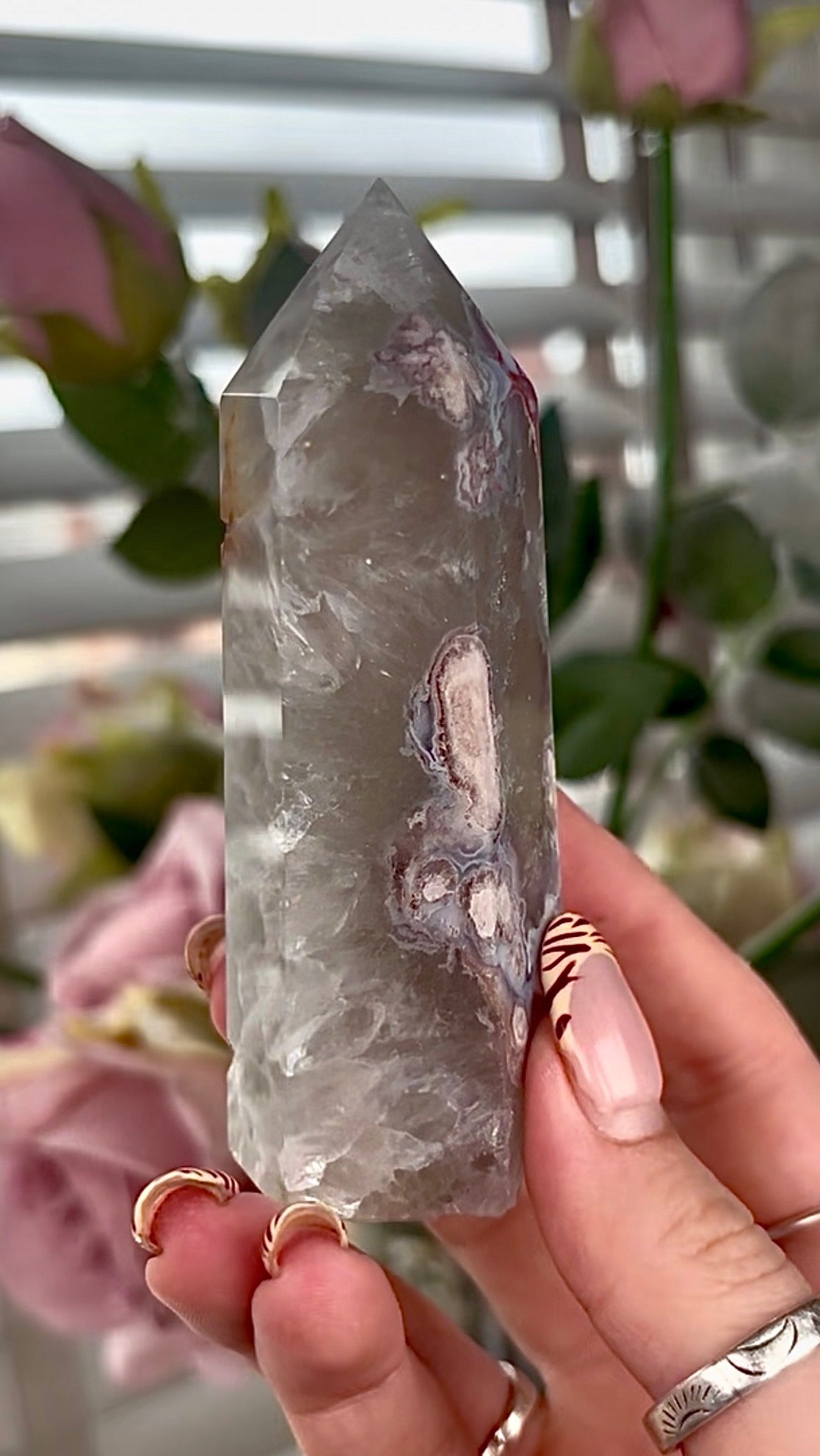 Stunning!! Super high quality, Druzy, green chlorite x blue flower agate tower