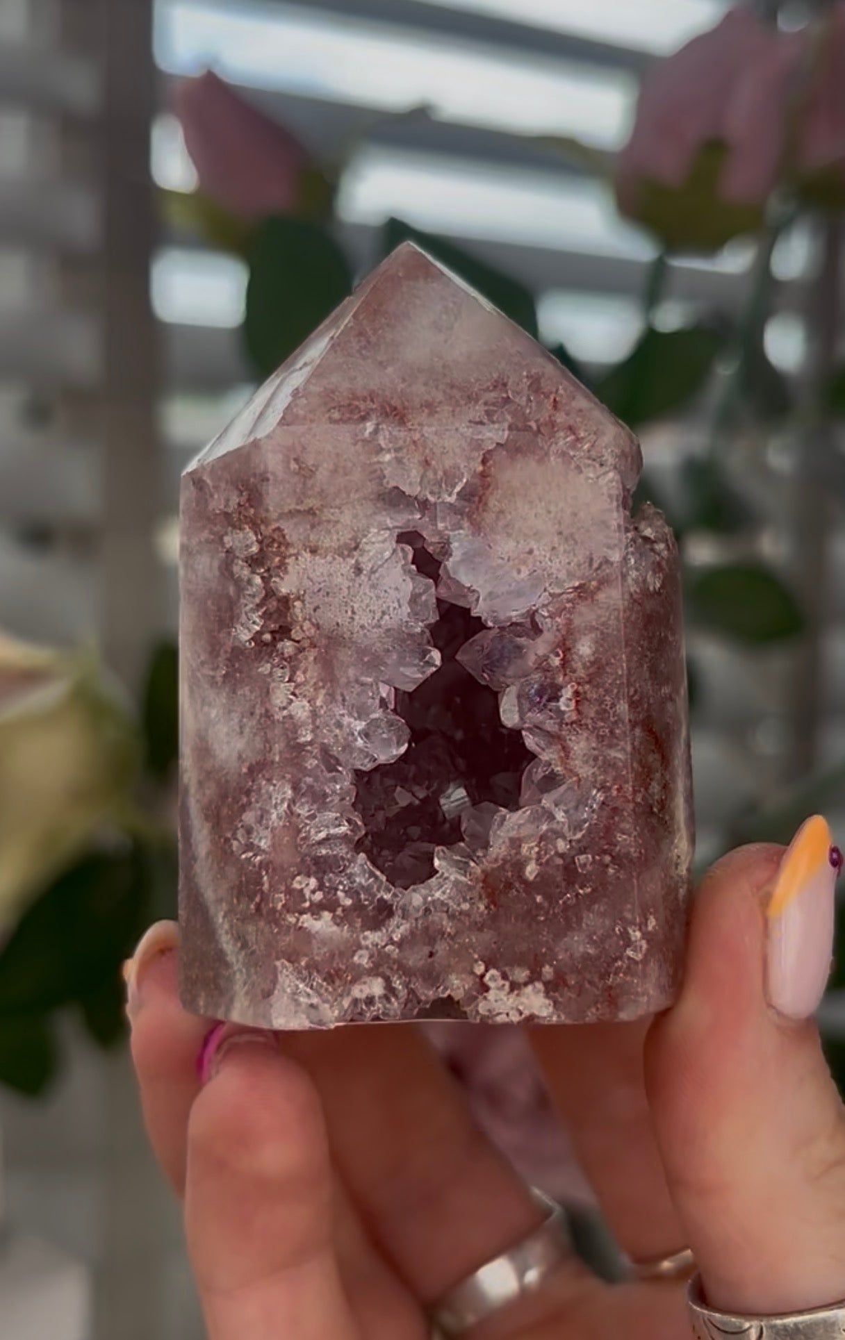 Beautiful, Pink amethyst tower with quartz druzy