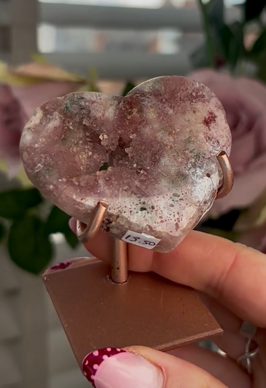 Mini pink amethyst heart - comes with stand