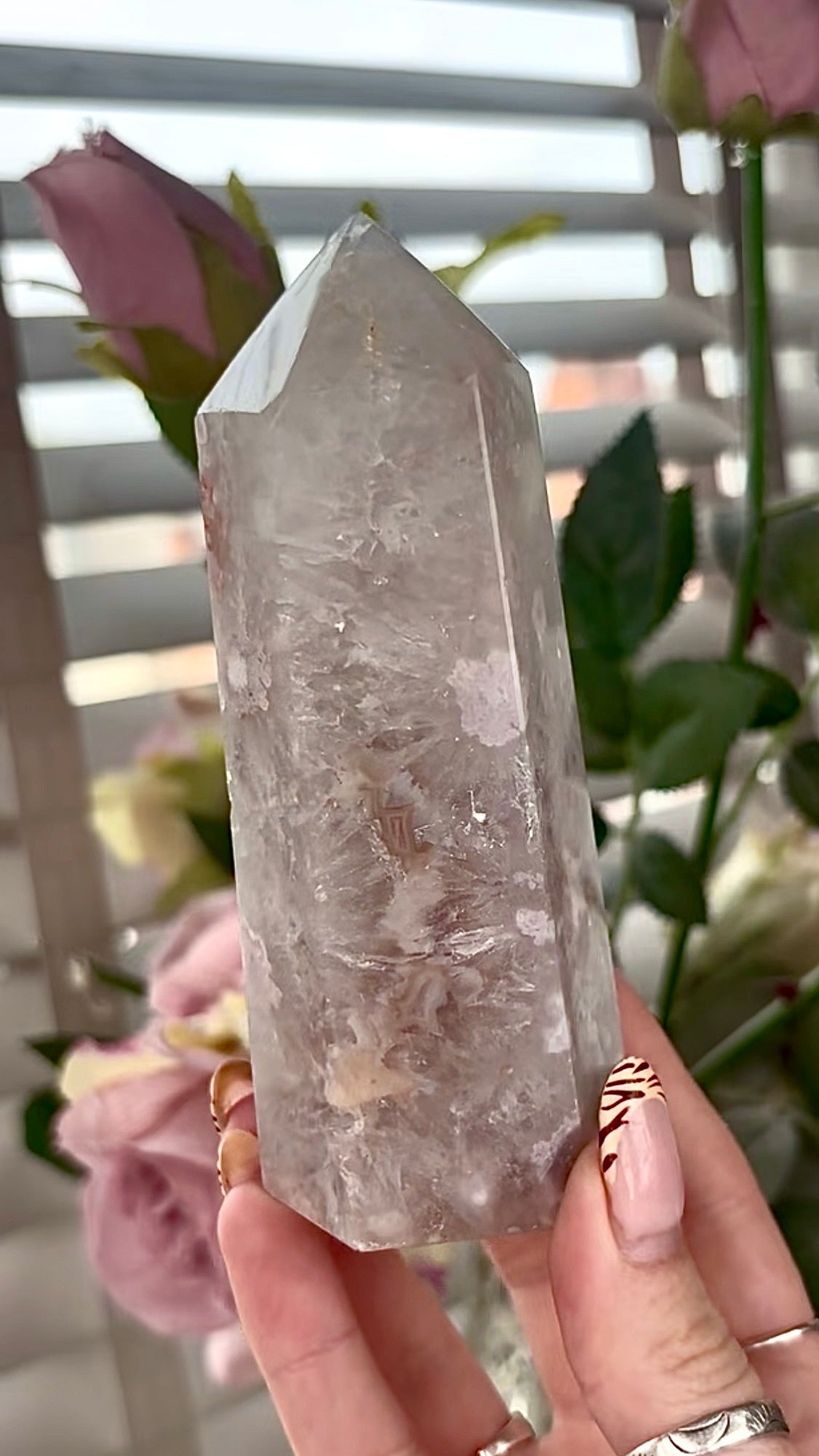 Stunning!! Super high quality, Druzy, green chlorite x blue flower agate tower