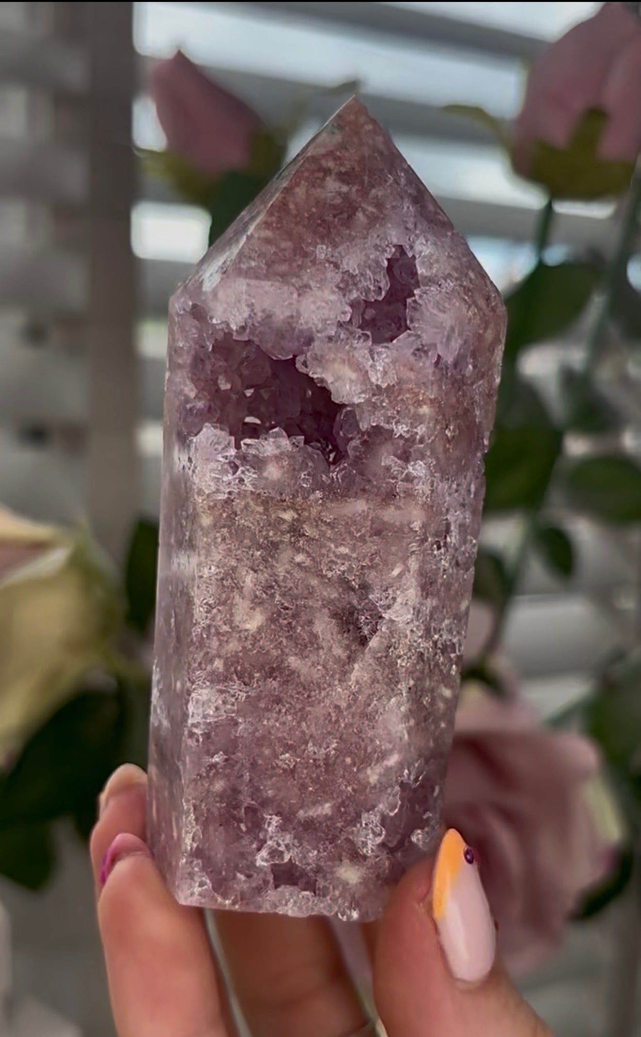 Pretty, Pink amethyst tower, with lilac quartz druzy