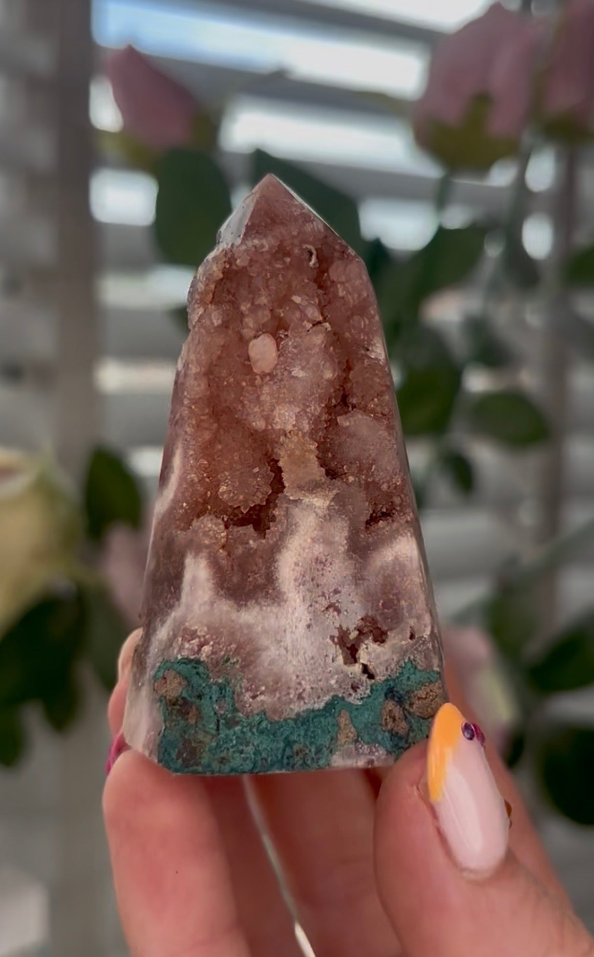Beautiful, Pink amethyst tower in a burnt orange tone with green jasper