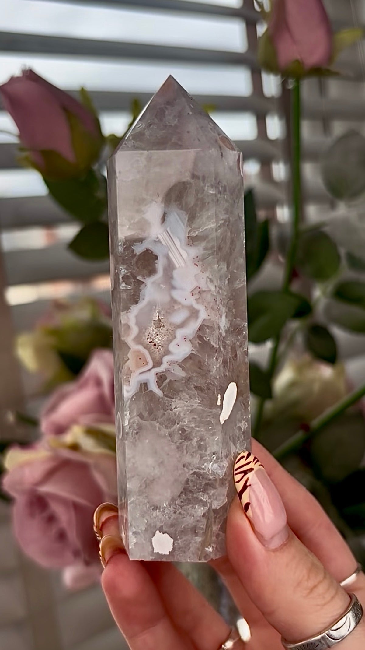 Stunning!! Super high quality, Druzy, green chlorite x blue flower agate tower