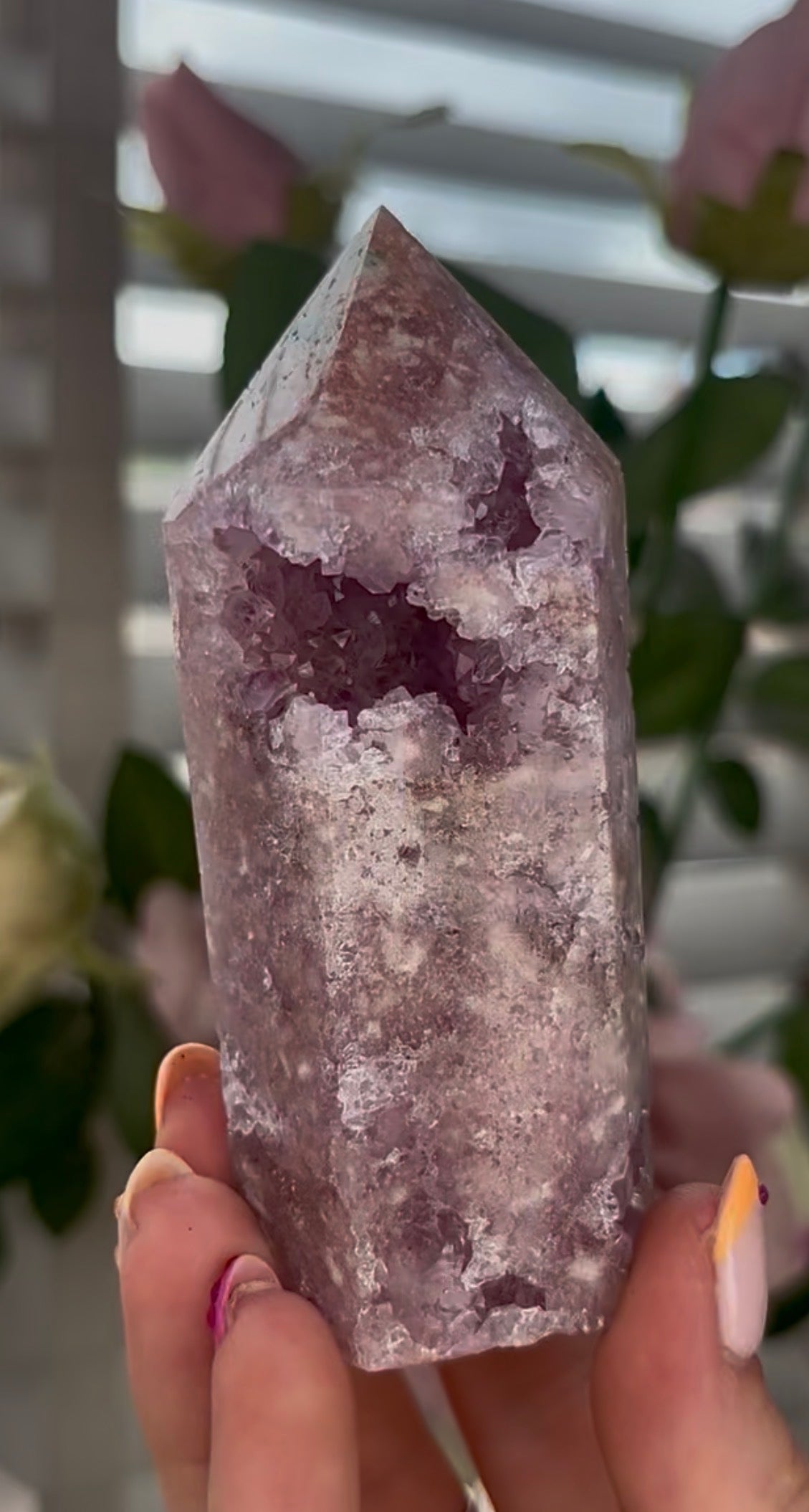 Pretty, Pink amethyst tower, with lilac quartz druzy