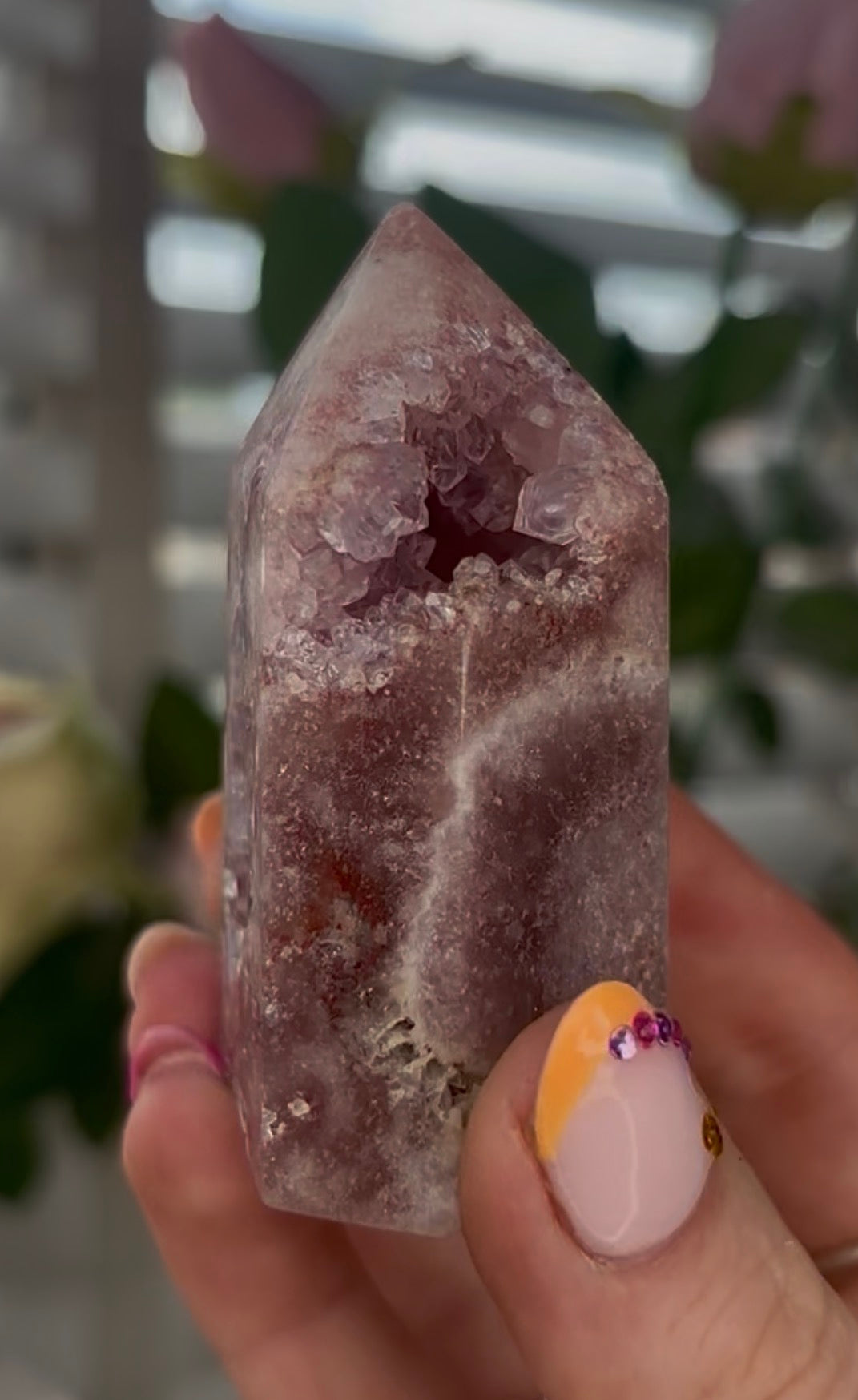 Beautiful, Pink amethyst tower with quartz druzy