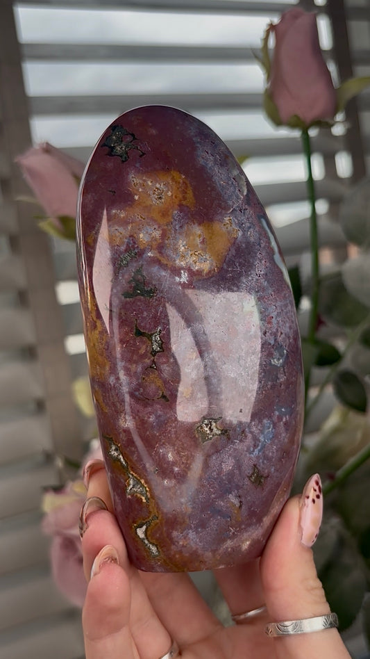 High quality, pastel pink/purple & mustard ocean jasper Freeform - 14cm(h) by 6.5cm(w)