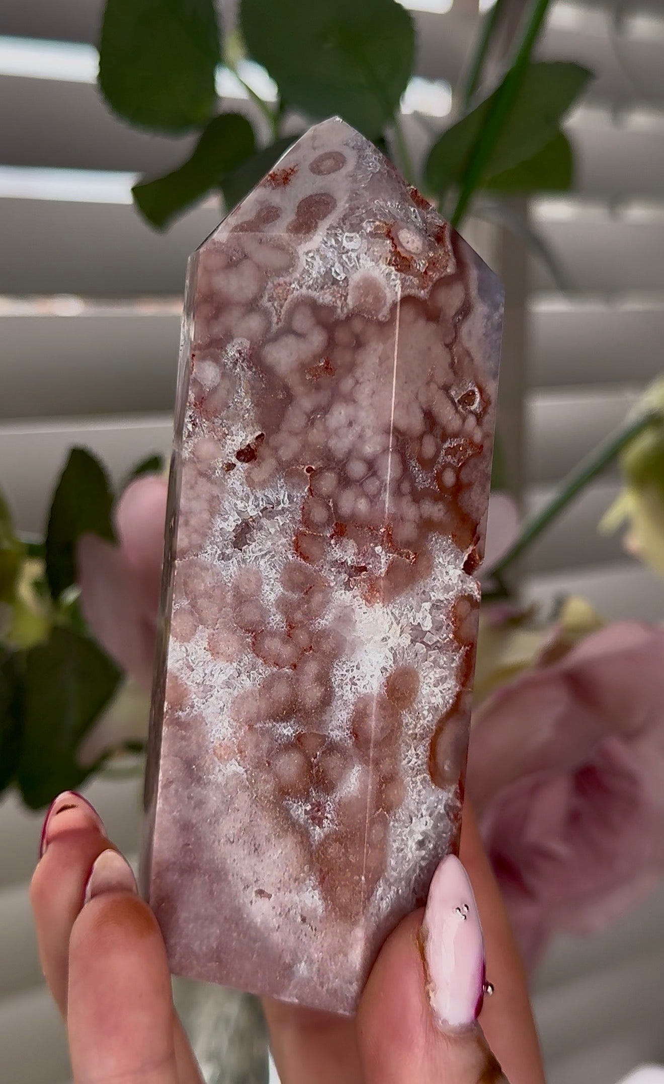 Pink amethyst tower with quartz 17cm by 5cm