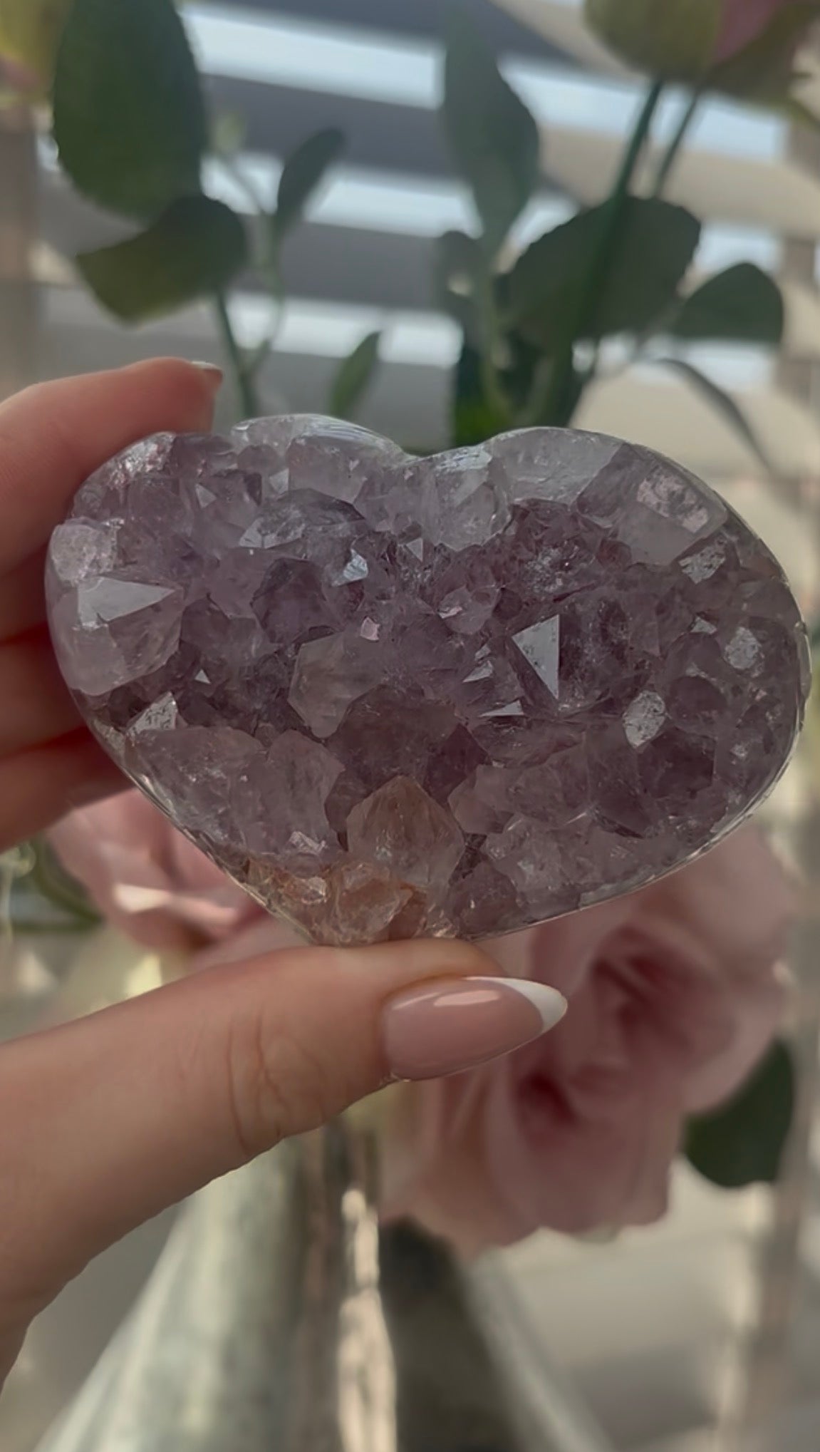 Gorgeous, high quality, pink amethyst heart with lilac quartz  - comes with stand