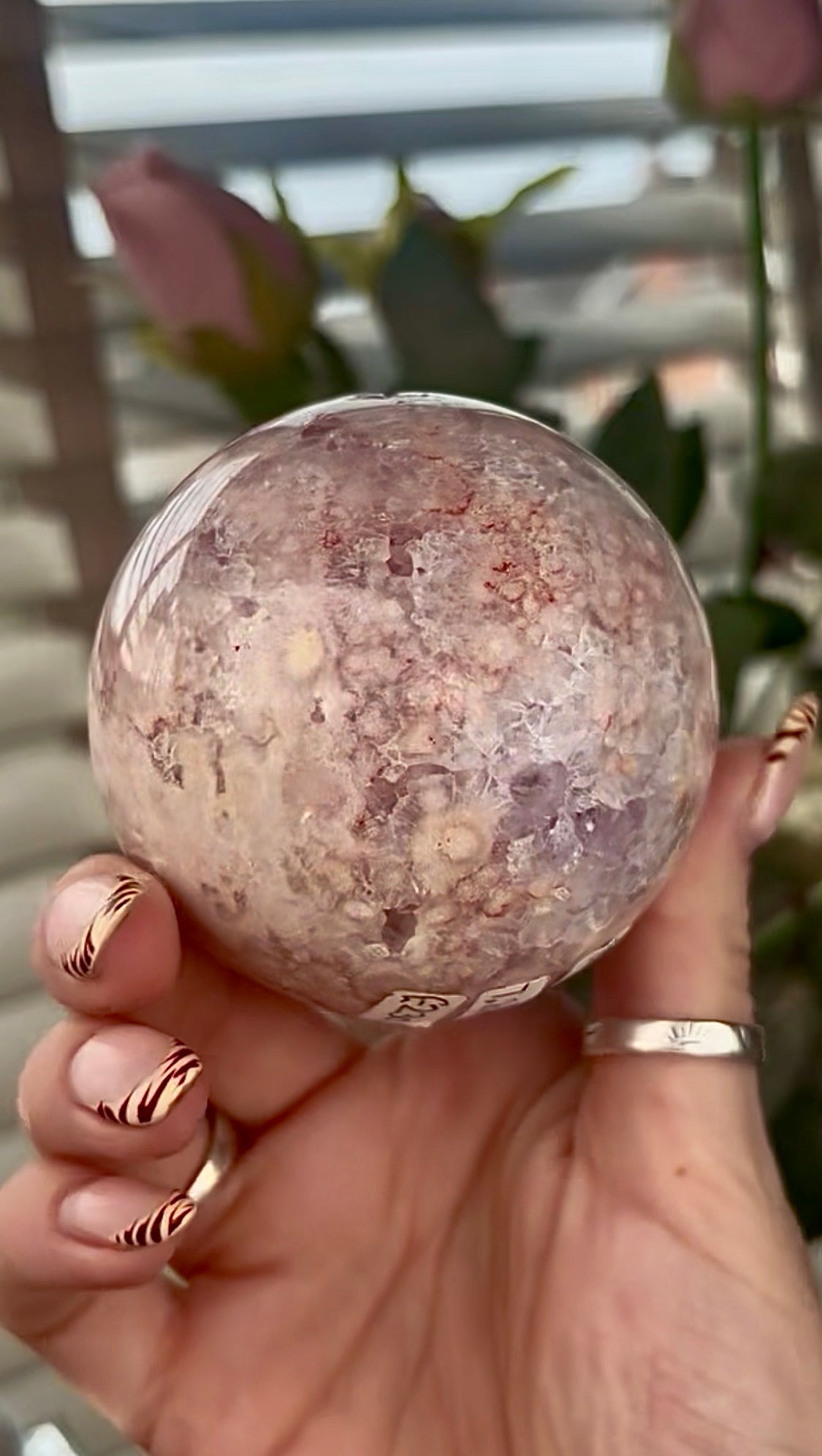 High grade, amethyst Flower agate sphere with druzy quartz- 7.2cm wide