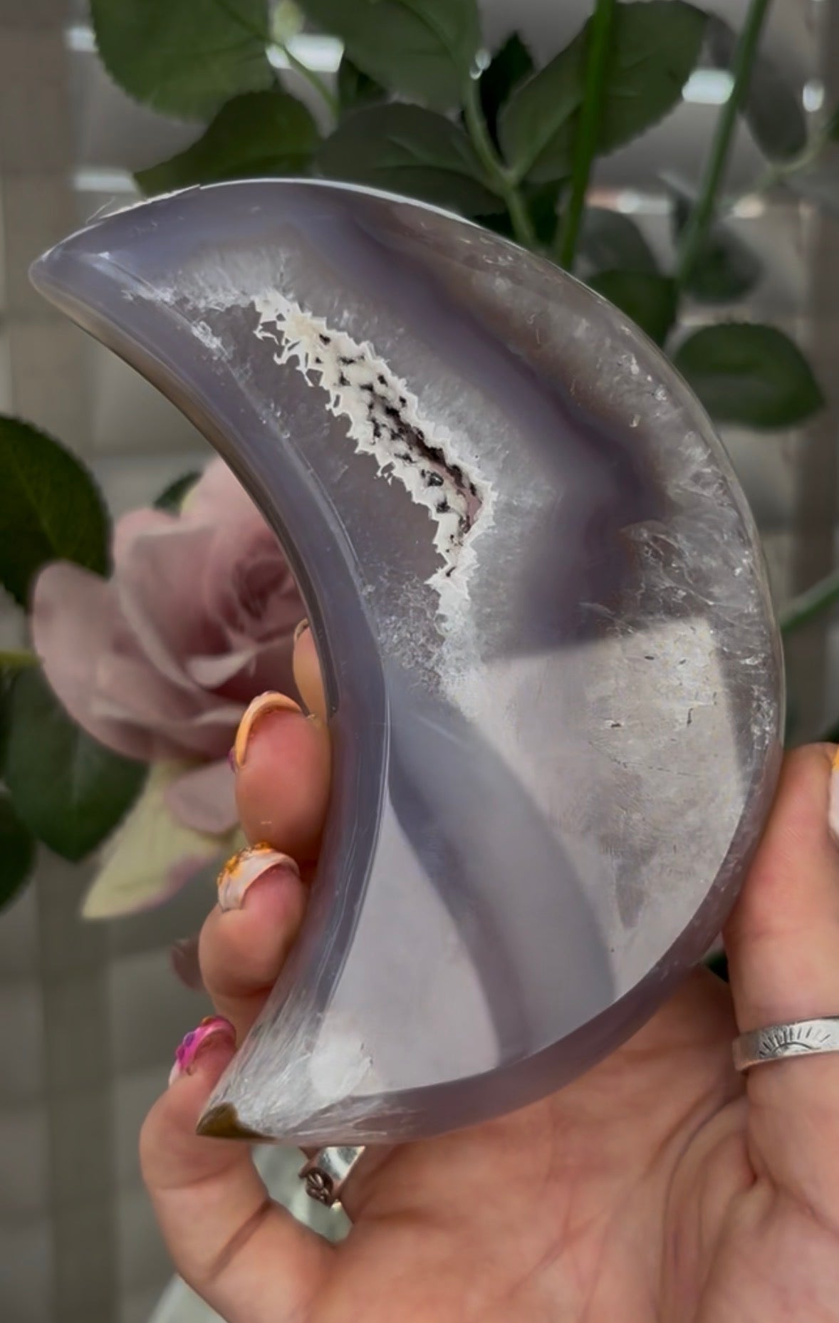 Beautiful, high grade, agate moon with druzy - comes with stand