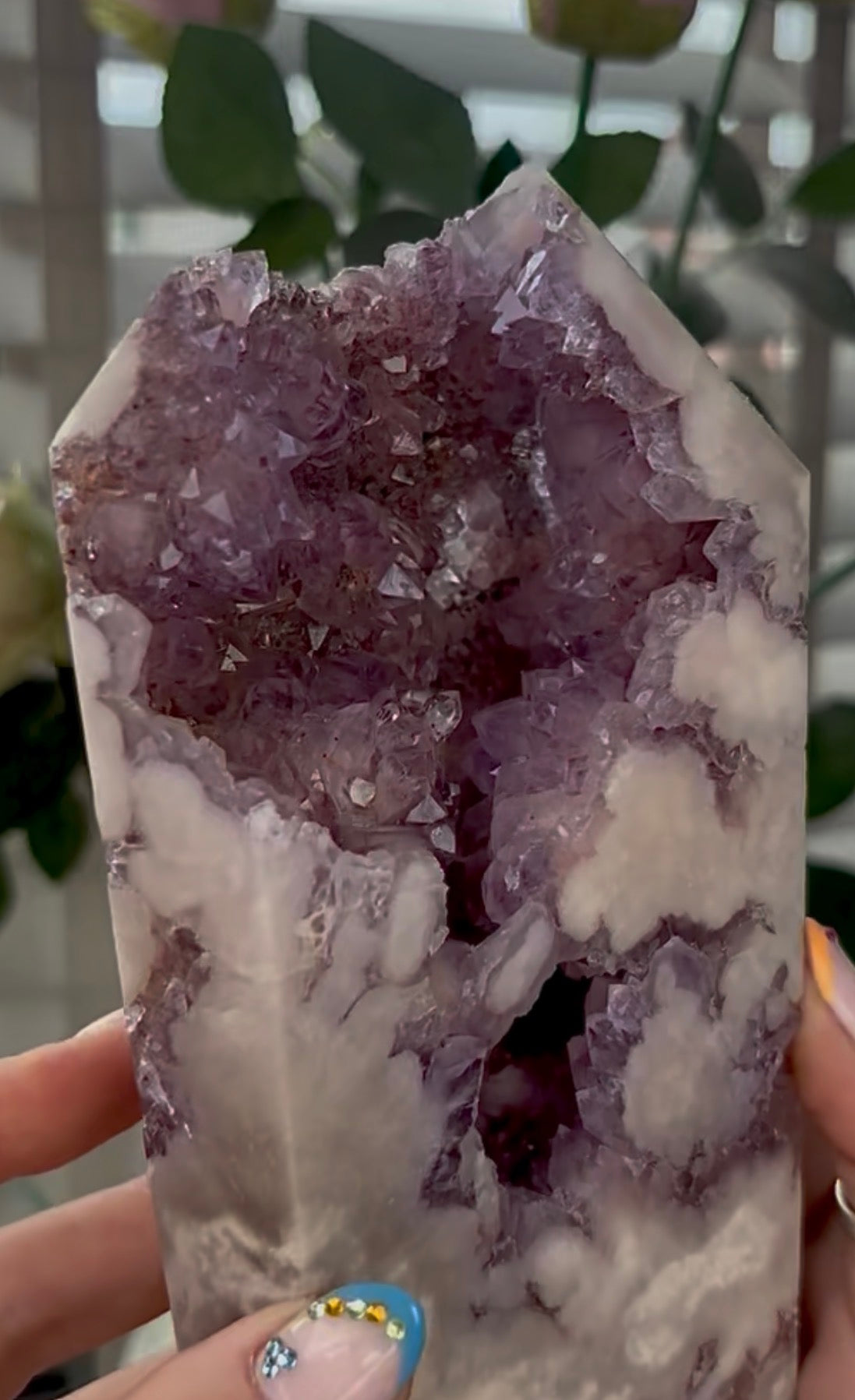 Huge, High quality, Pink amethyst tower, with purple quartz druzy