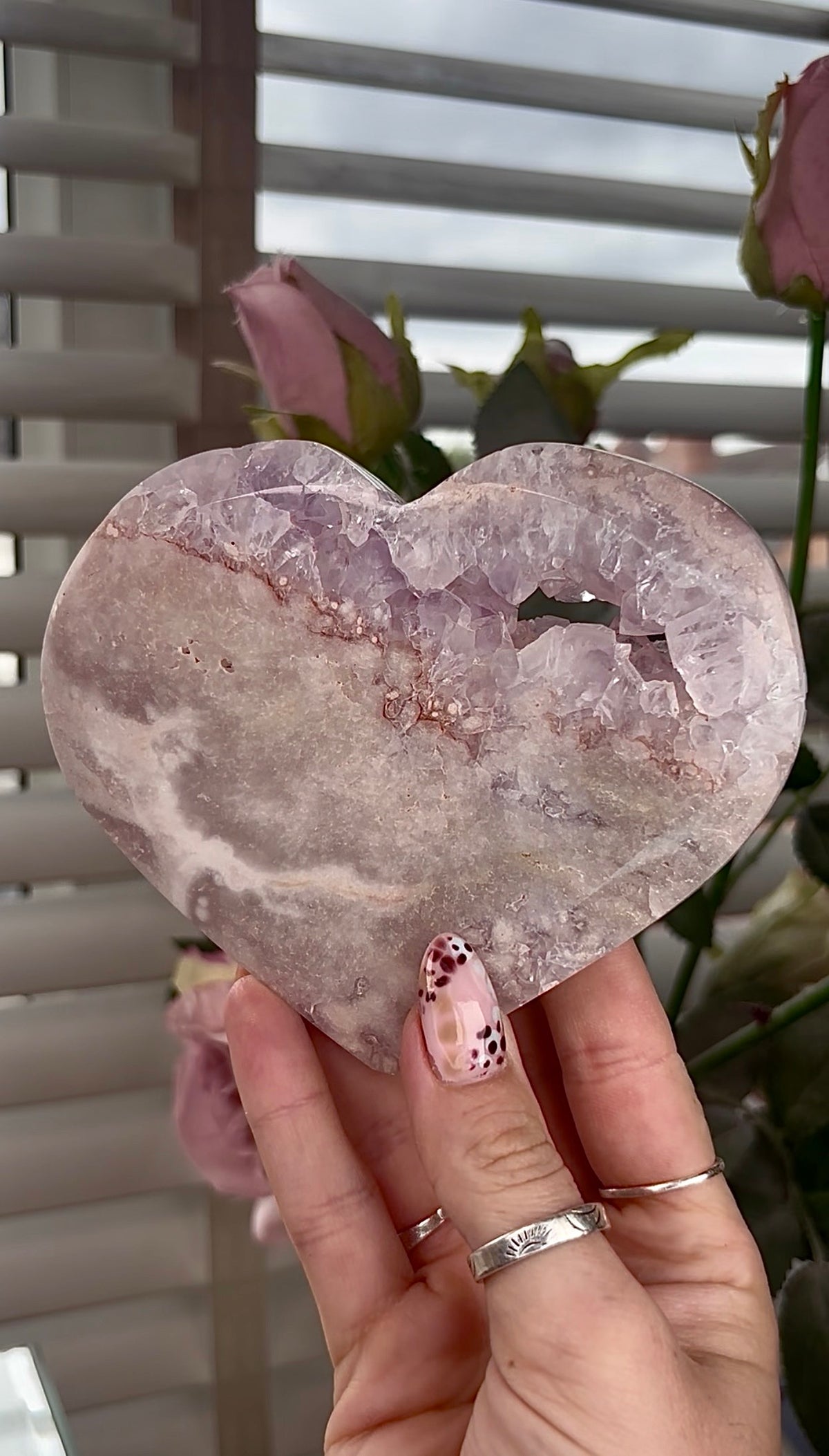 High grade, amethyst Flower agate heart with high clarity quartz