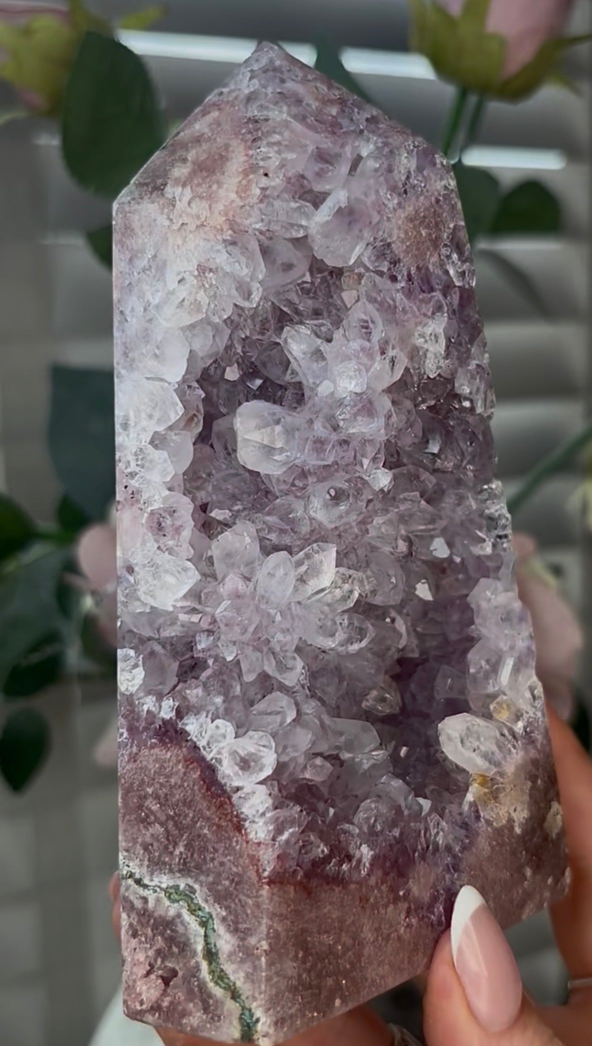 Beautiful, high quality, Pink amethyst tower with lilac quartz druzy teeth  14.7cm(h) by 8cm(w)
