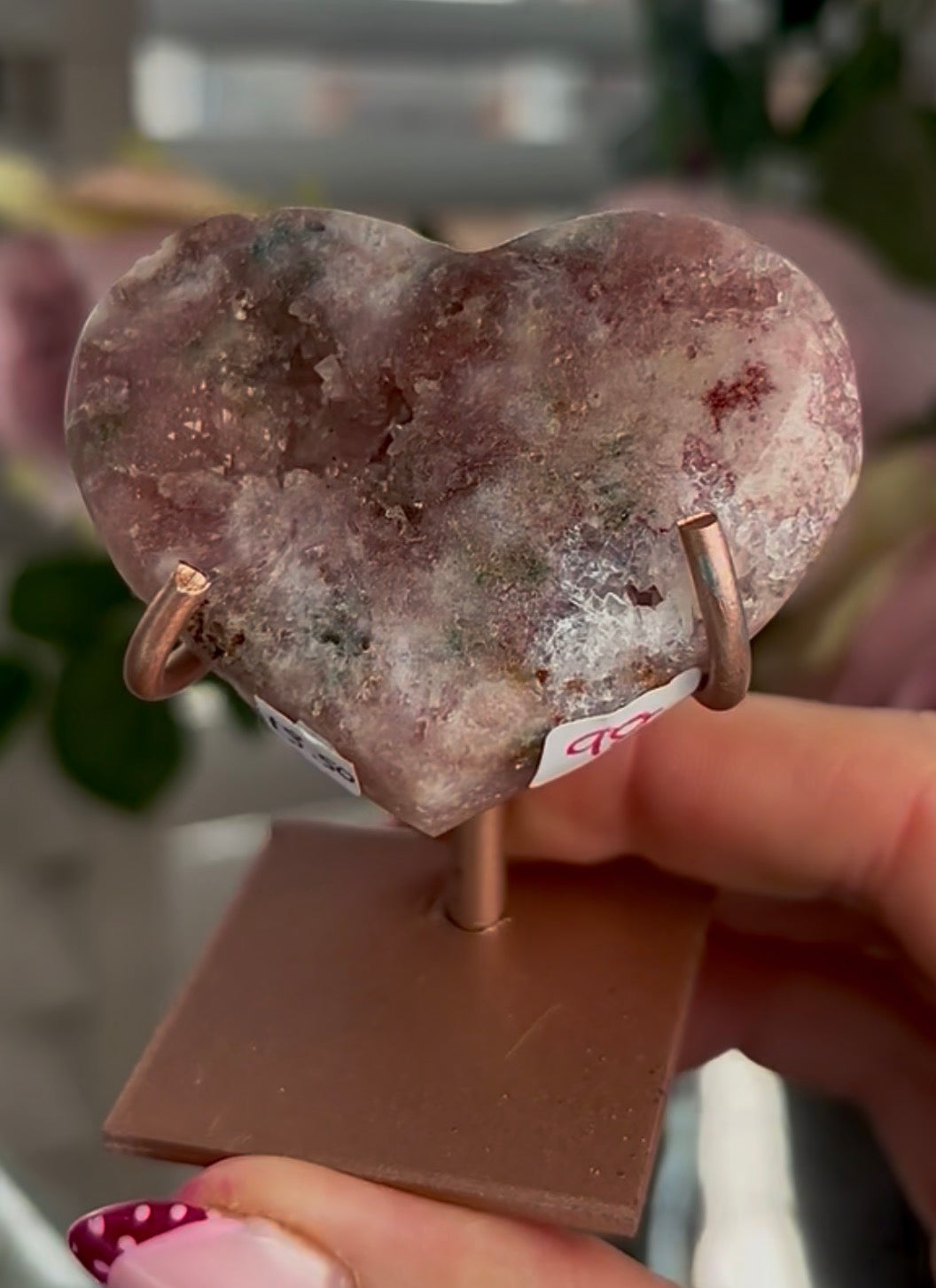 Mini pink amethyst heart - comes with stand