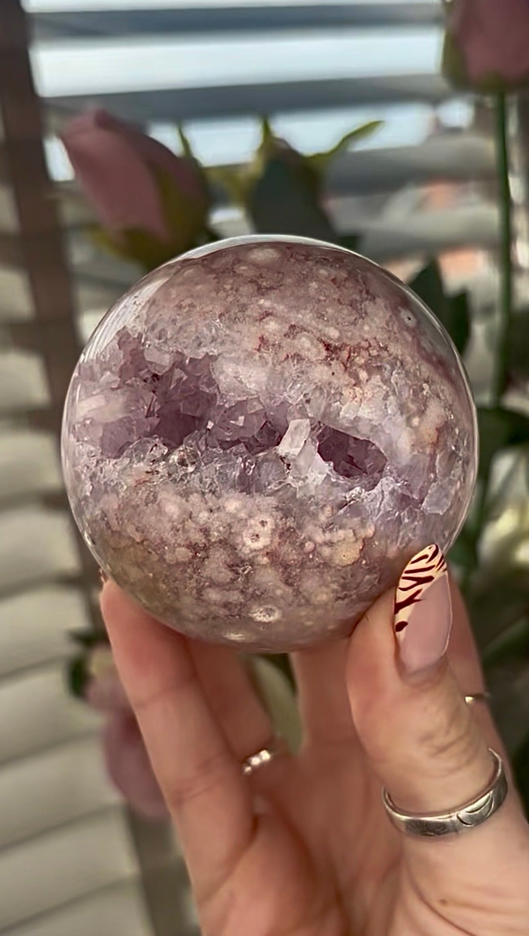 High grade, amethyst Flower agate sphere with druzy quartz- 7.2cm wide