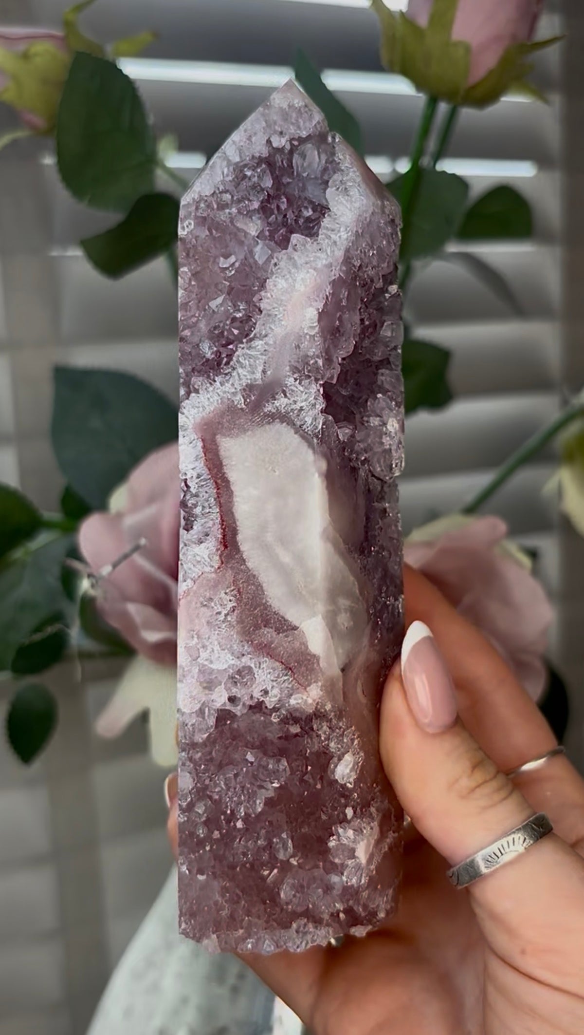 Beautiful, high quality, Pink amethyst tower with lilac quartz 18cm(h) by 4.5cm(w)