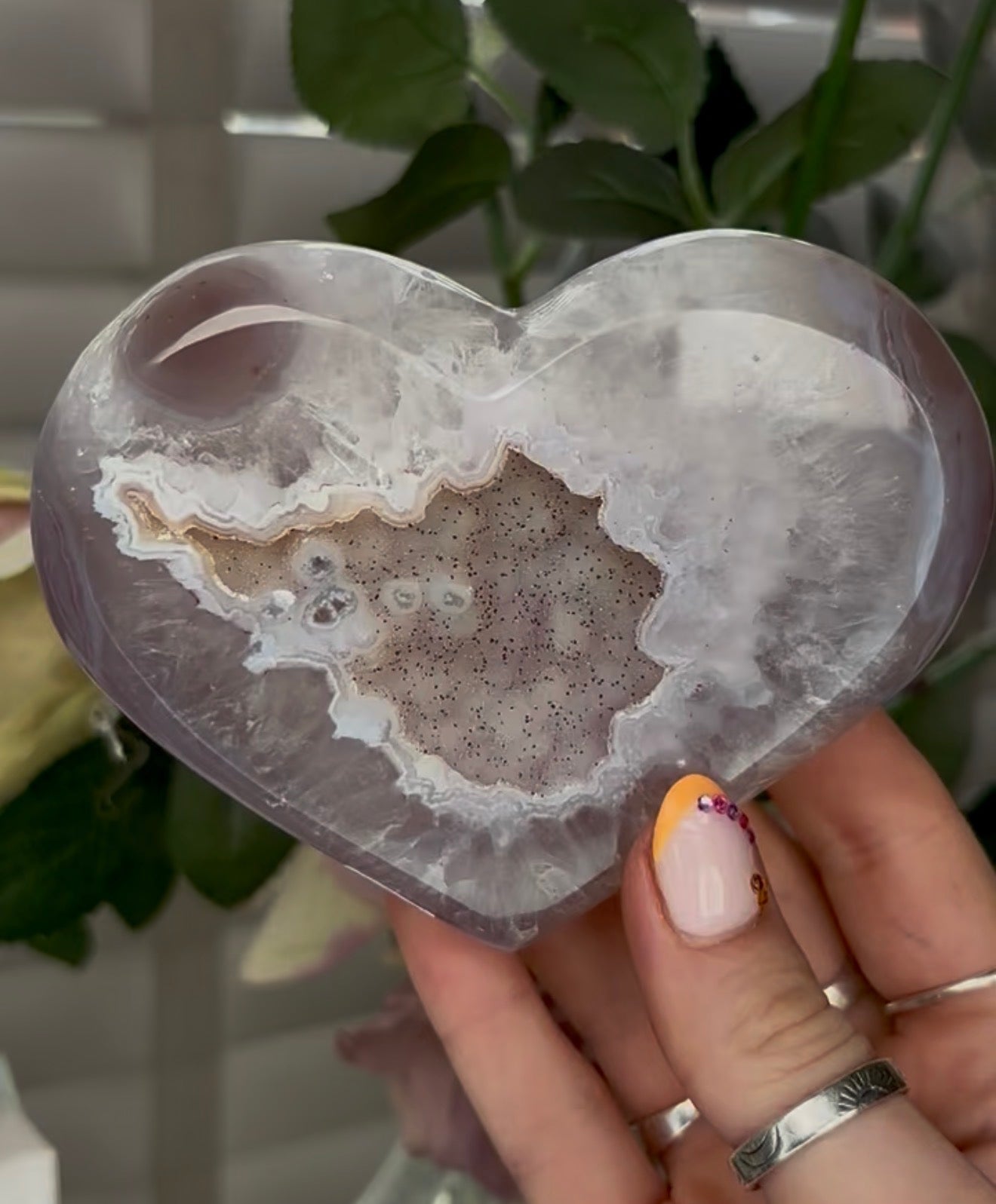 Beautiful, high grade, agate heart with druzy - comes with stand