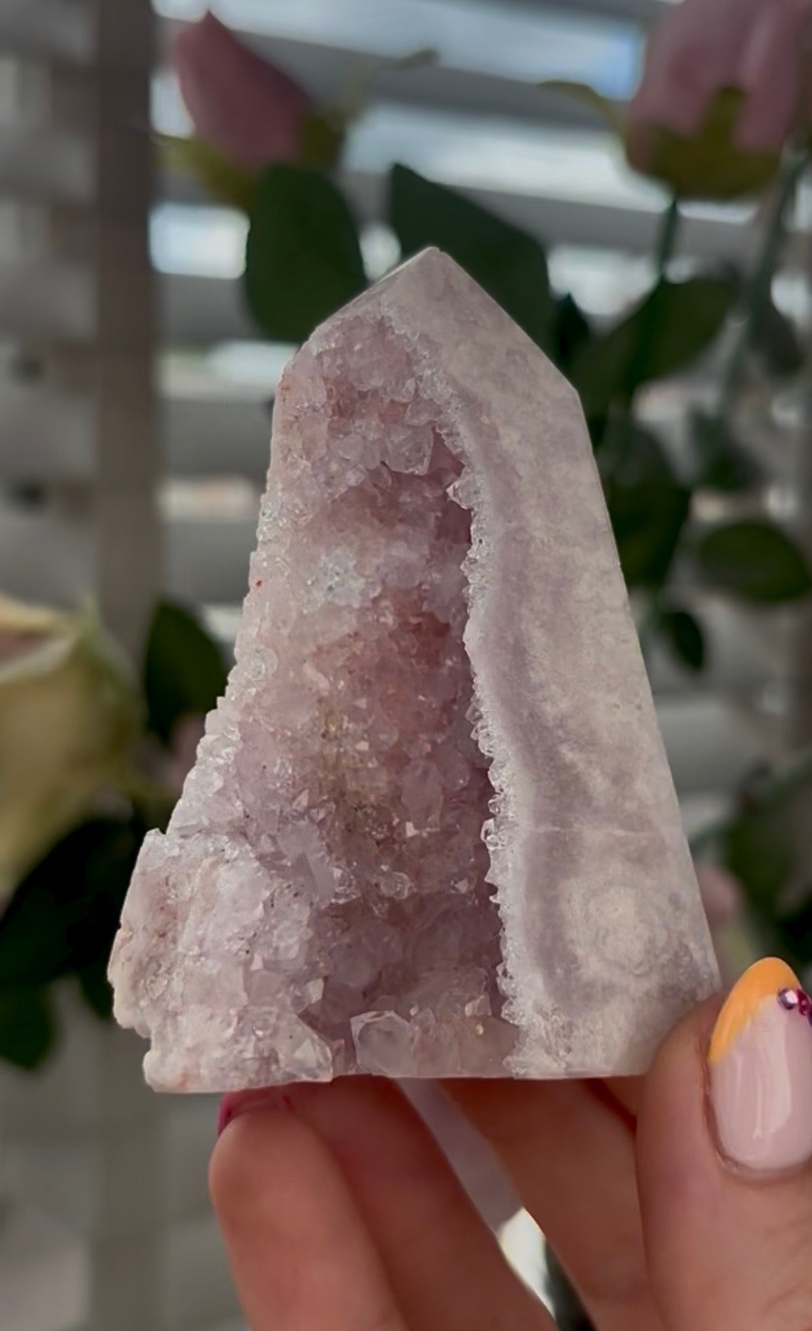 Pretty, baby Pink amethyst tower with Druzy