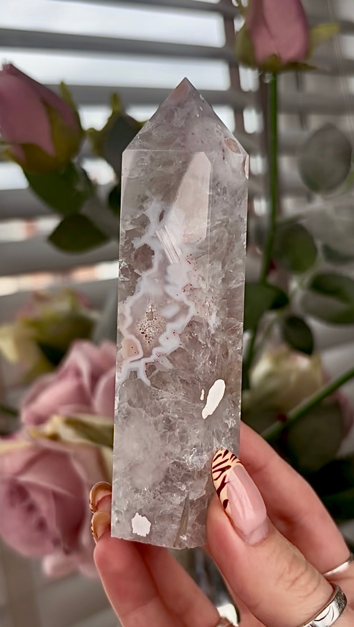 Stunning!! Super high quality, Druzy, green chlorite x blue flower agate tower