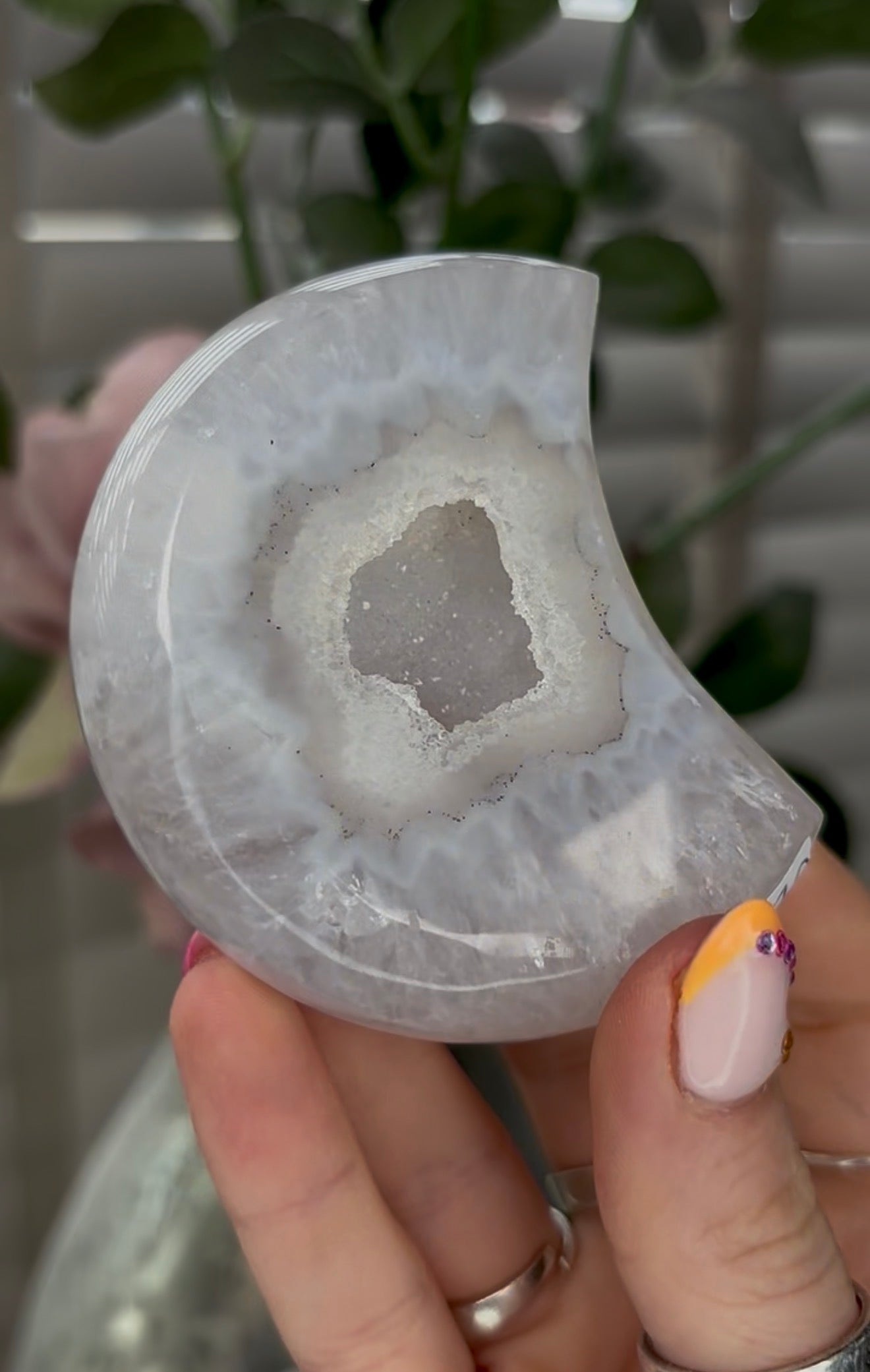 Beautiful, high grade, agate moon with druzy - comes with stand