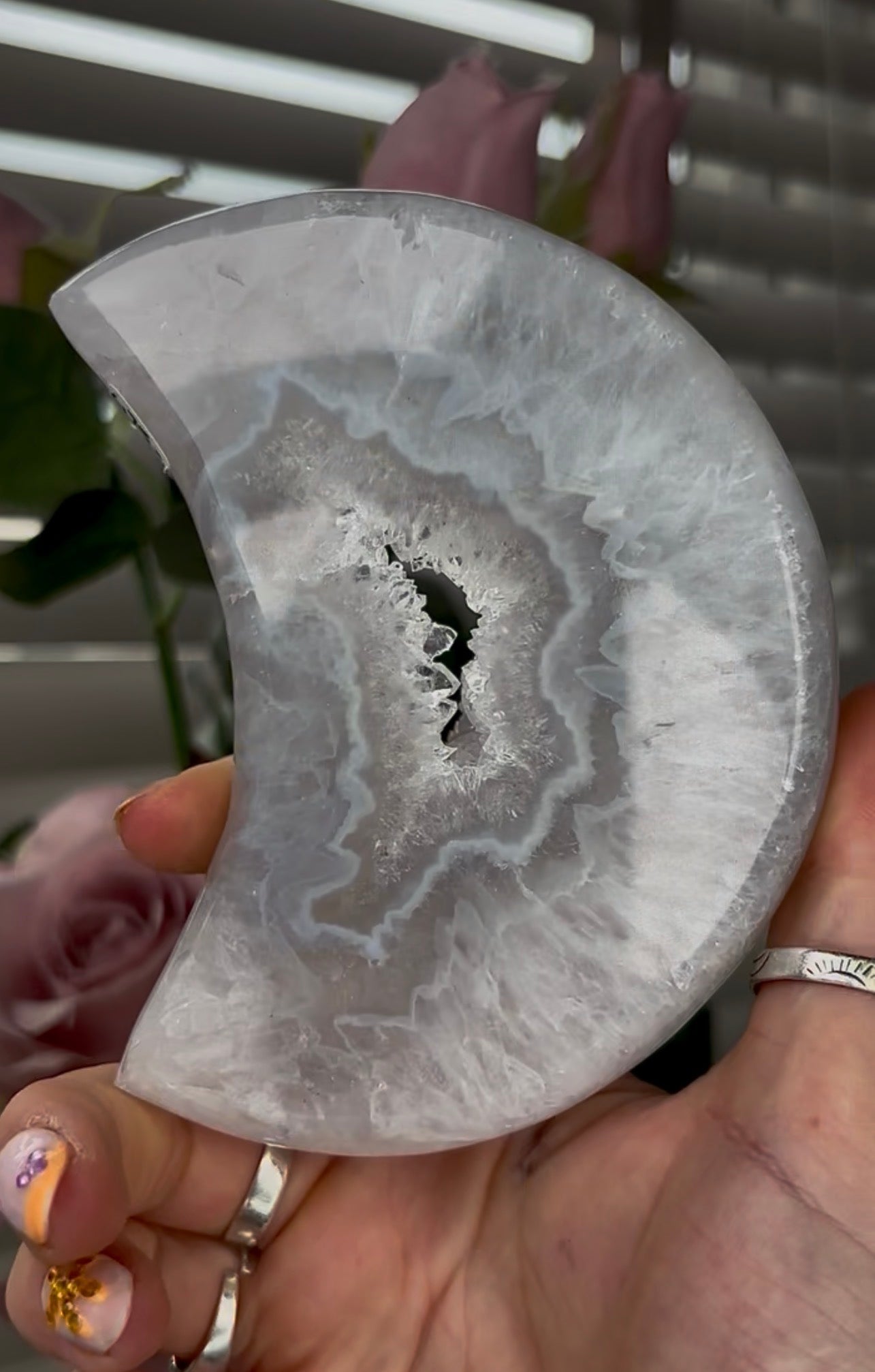 Beautiful, high grade, agate moon with druzy - comes with stand
