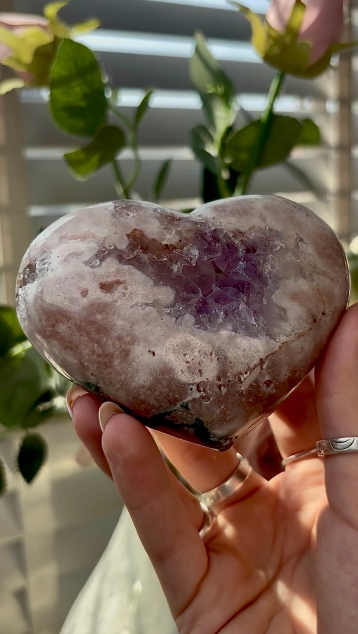 Gorgeous, pink amethyst  heart with Jasper -comes with stand