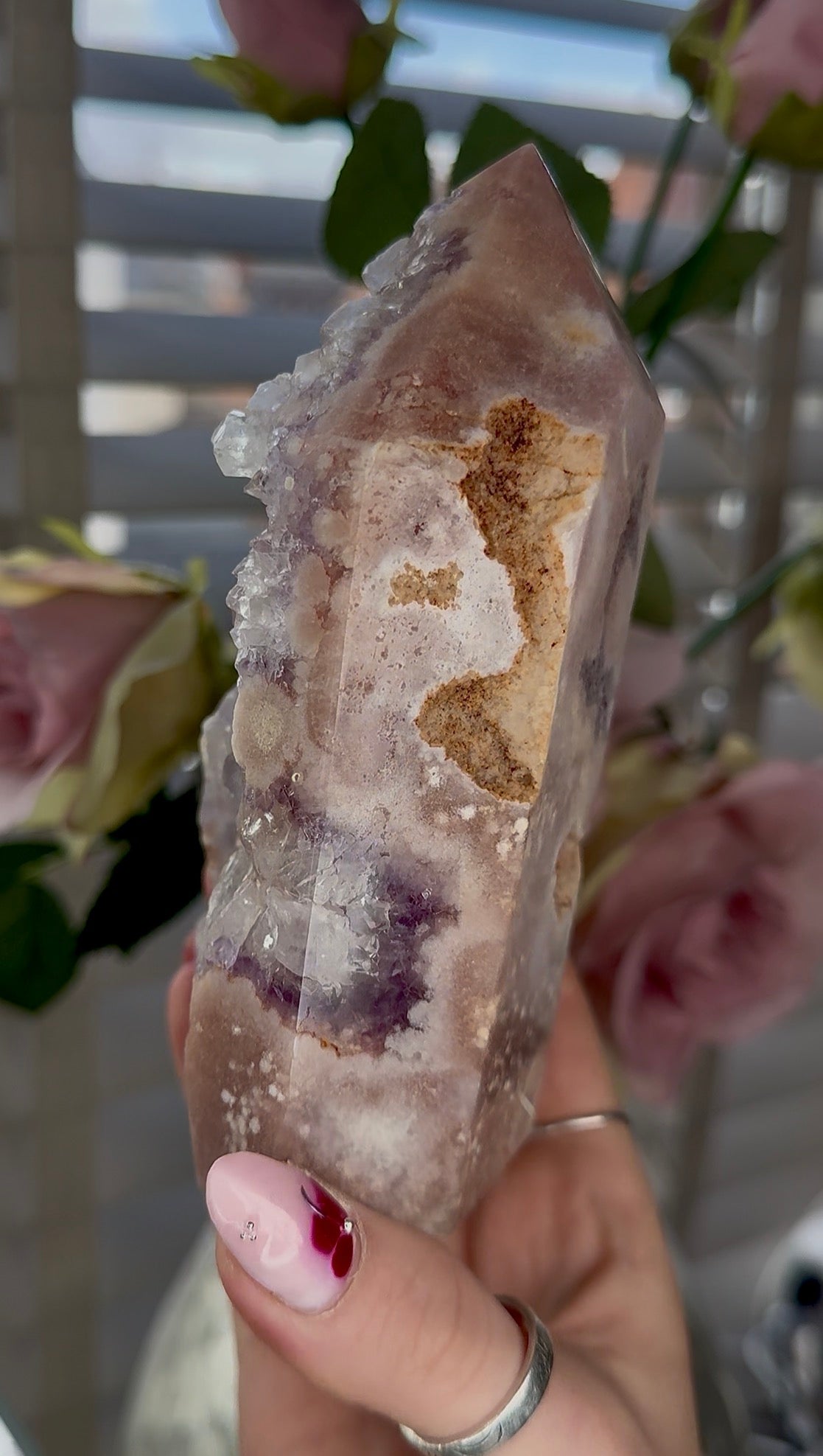 Pink amethyst tower with quartz 14cm(h) 7cm(w)