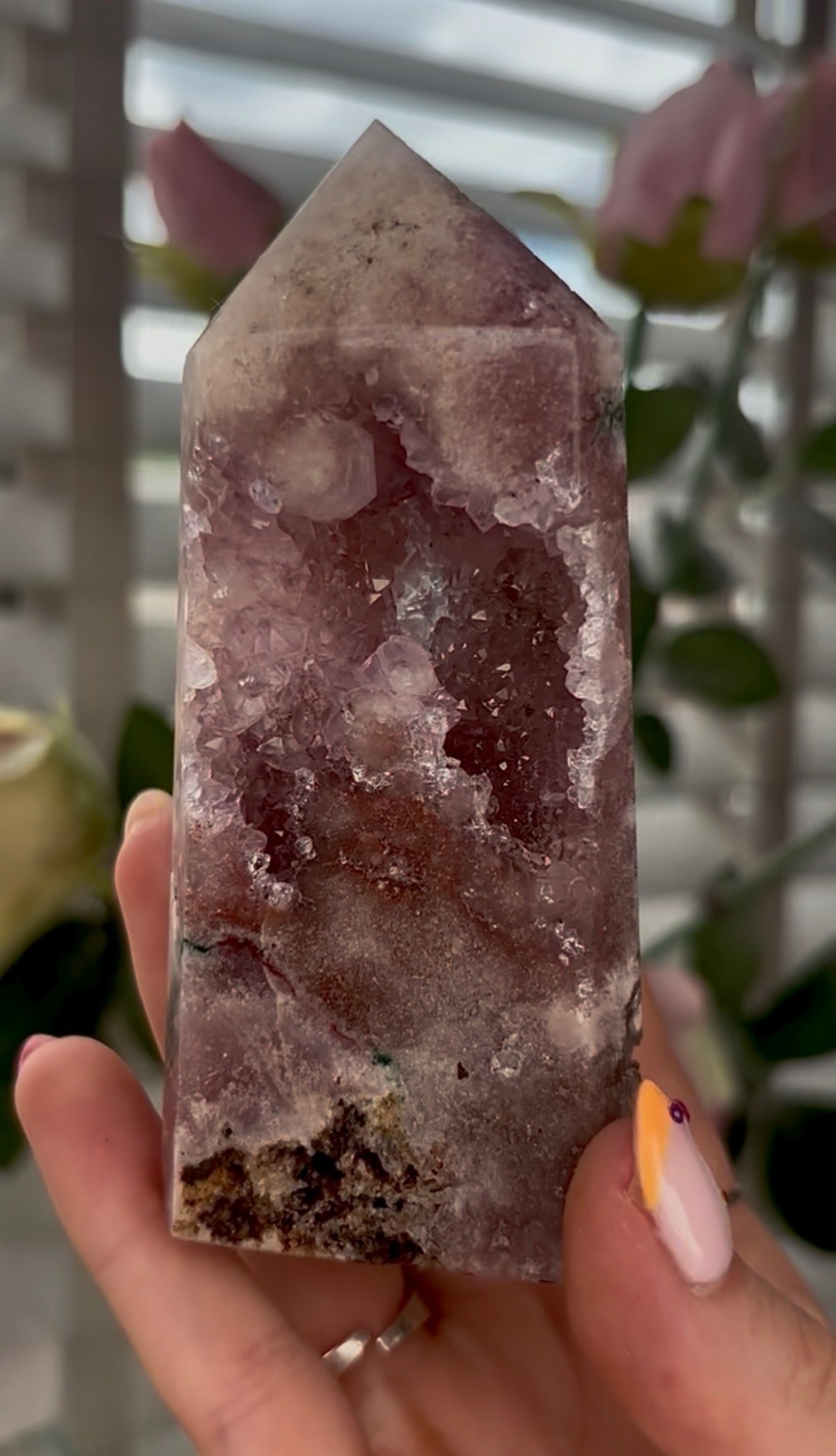 Pretty, Pink amethyst tower with Druzy
