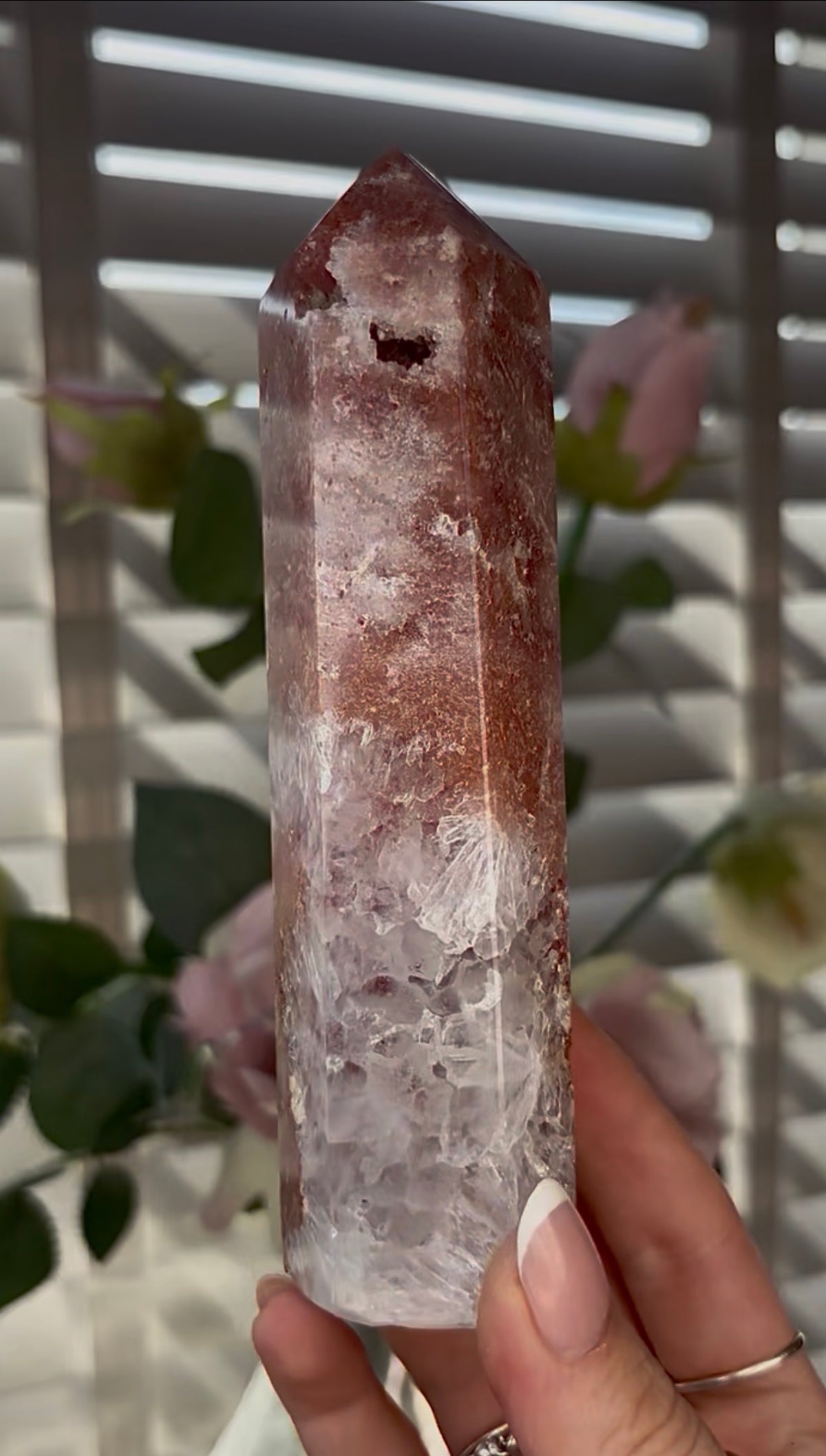 Beautiful, high quality, Pink amethyst tower 15.2cm(h) by 4cm(w)