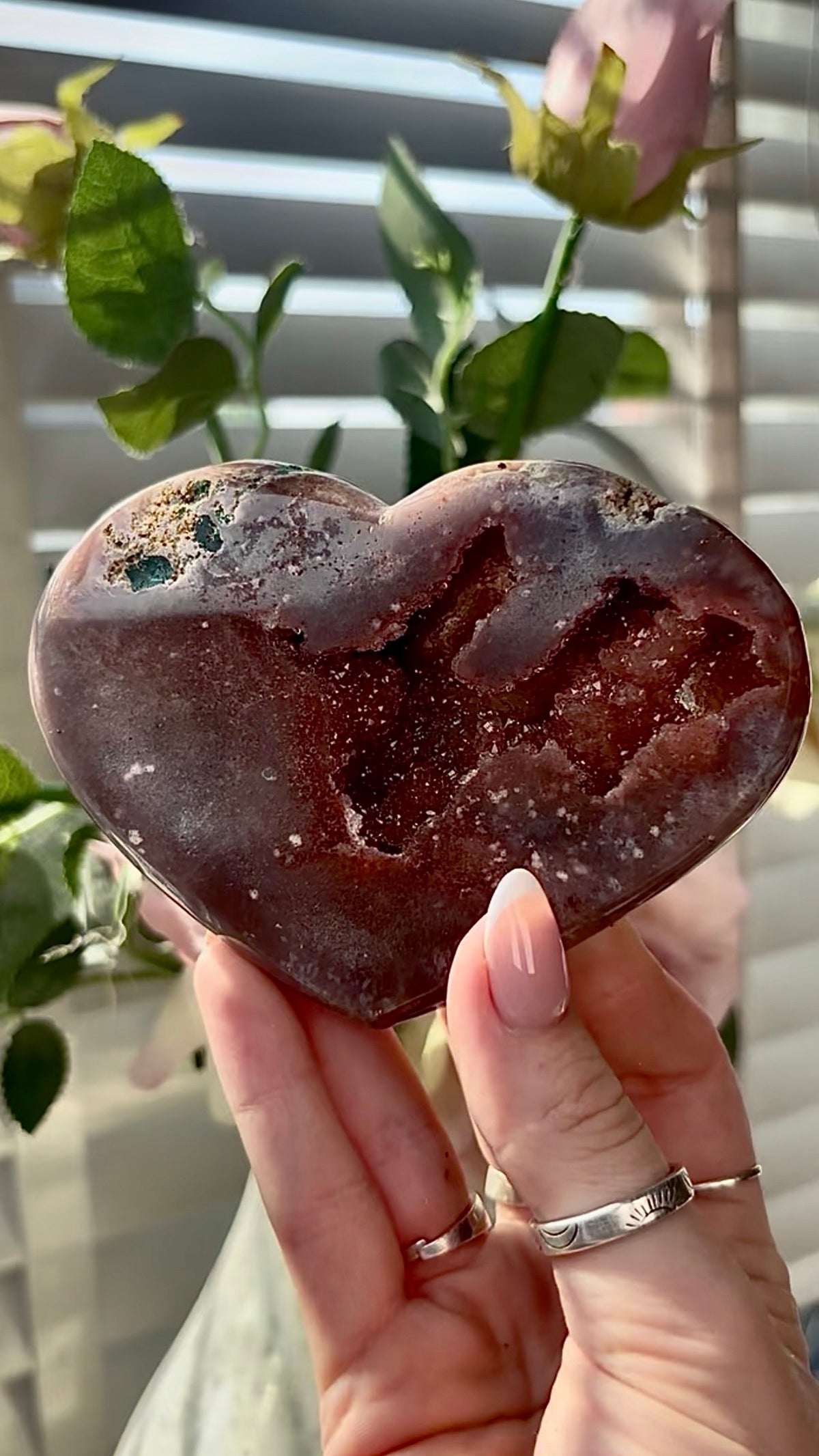 Gorgeous, high quality, berry red pink amethyst heart- comes with stand