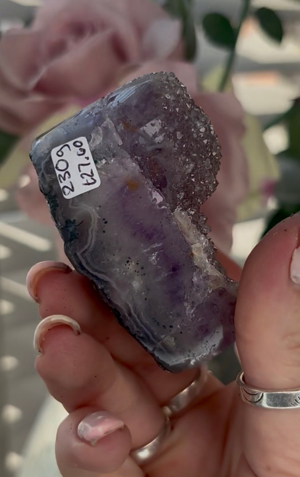 Uruguay, rainbow amethyst heart - comes with stand in lilac tones