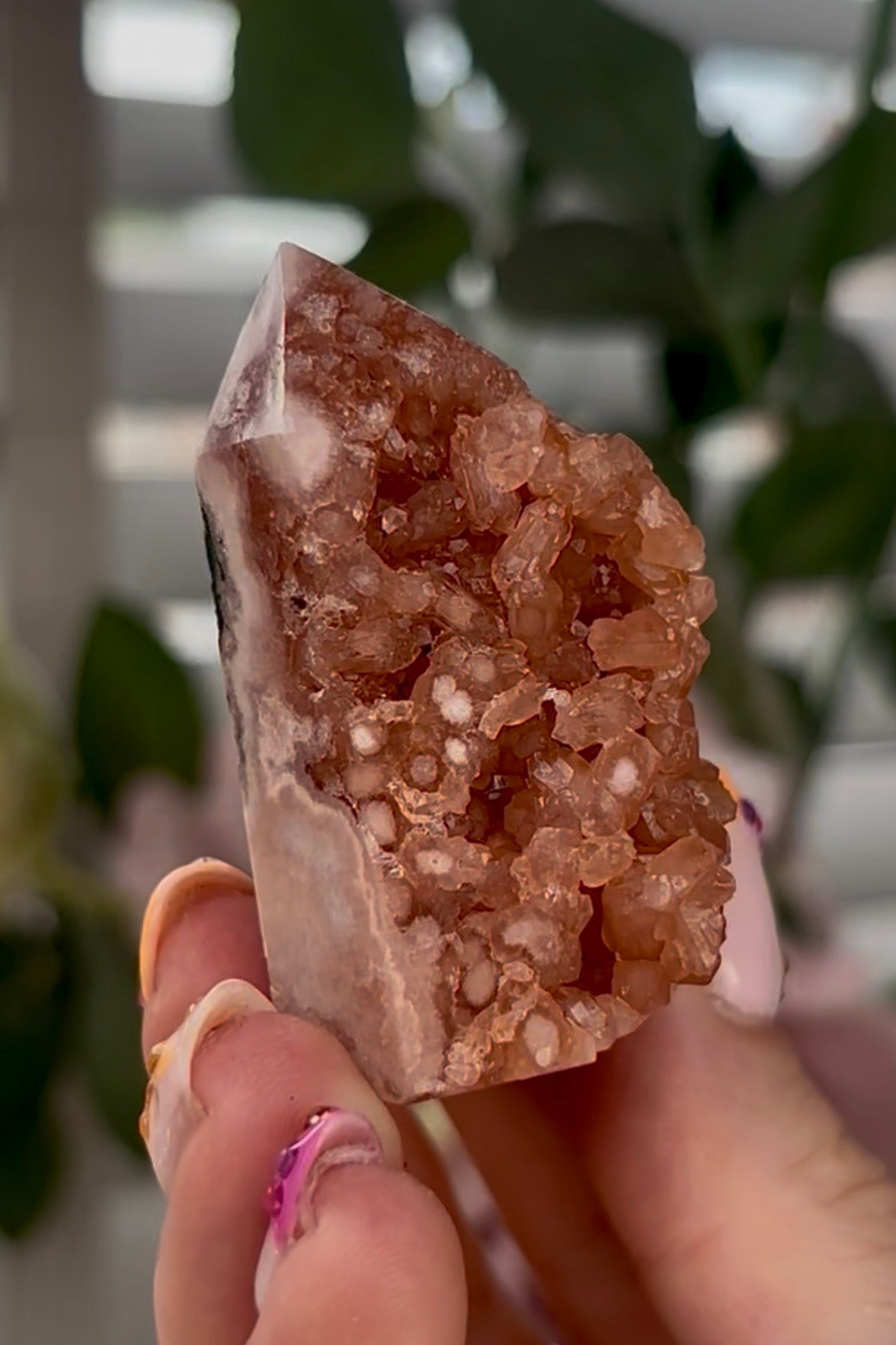 Mini, Pink amethyst tower in burnt orange tones with chewing gum druzy
