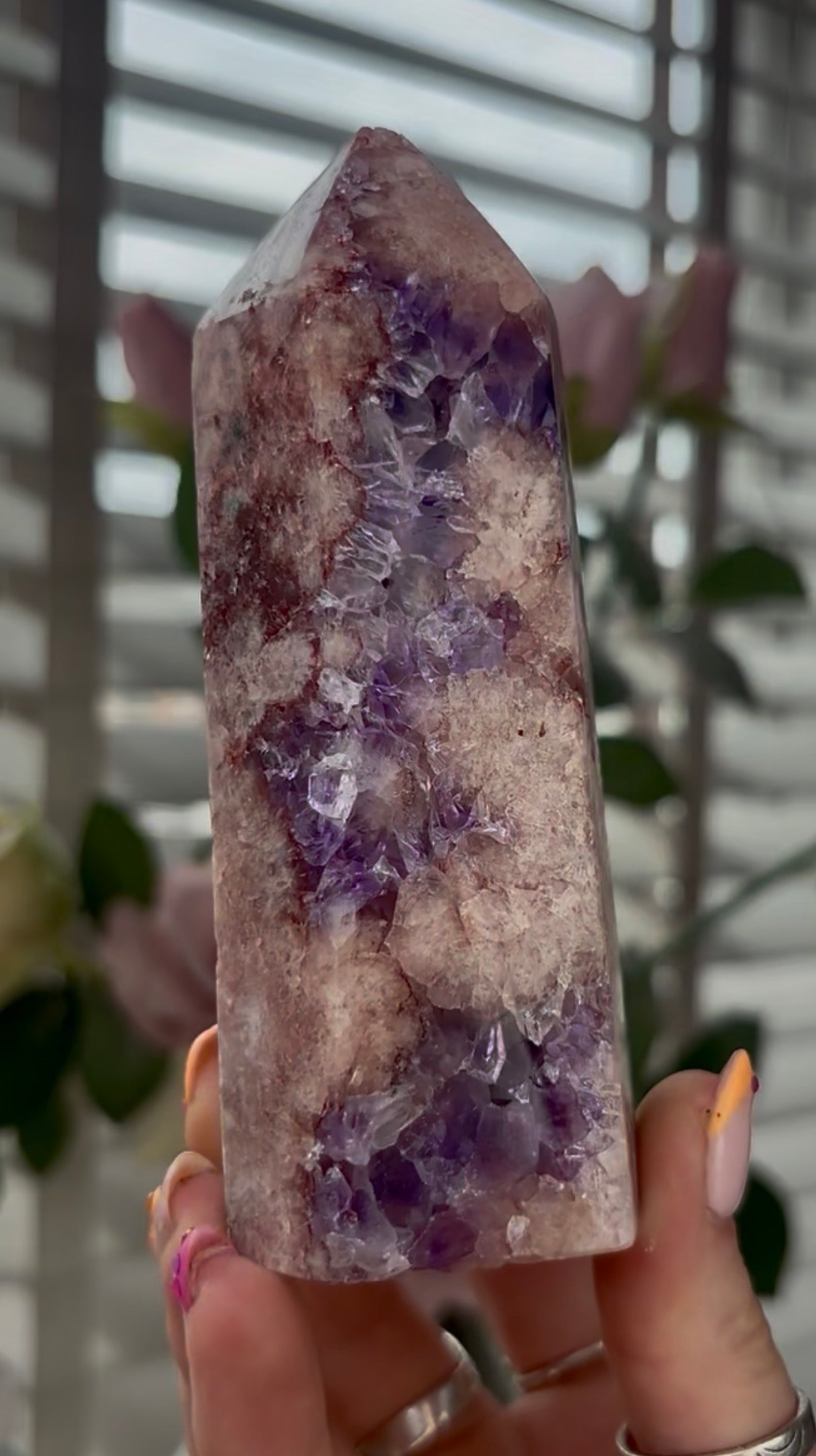 High quality, Pink amethyst tower, with purple quartz druzy