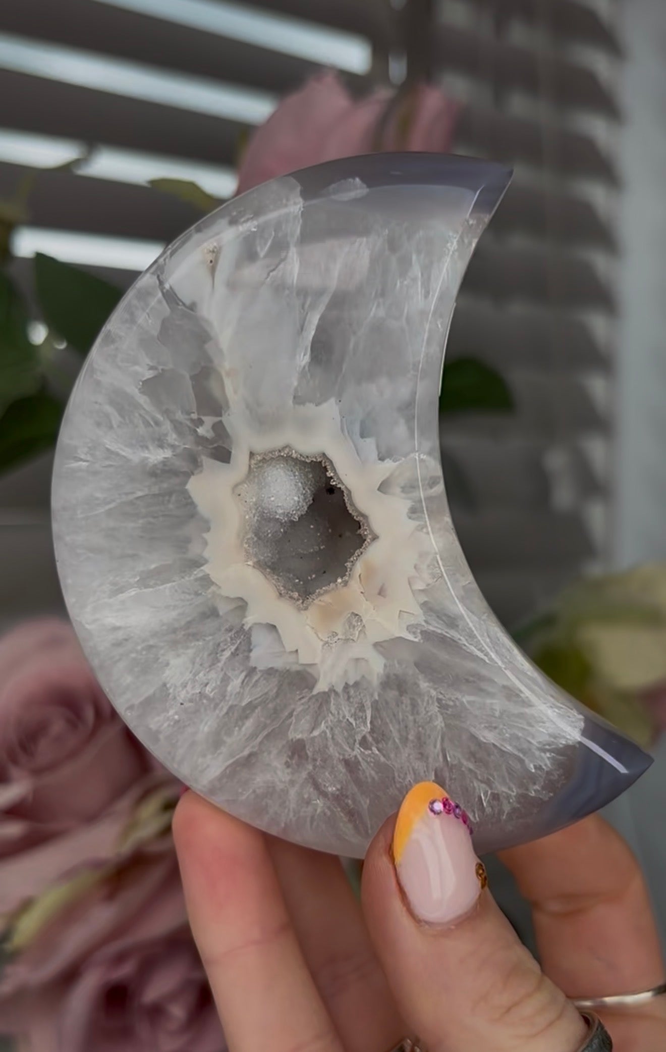Beautiful, high grade, agate moon with druzy - comes with stand