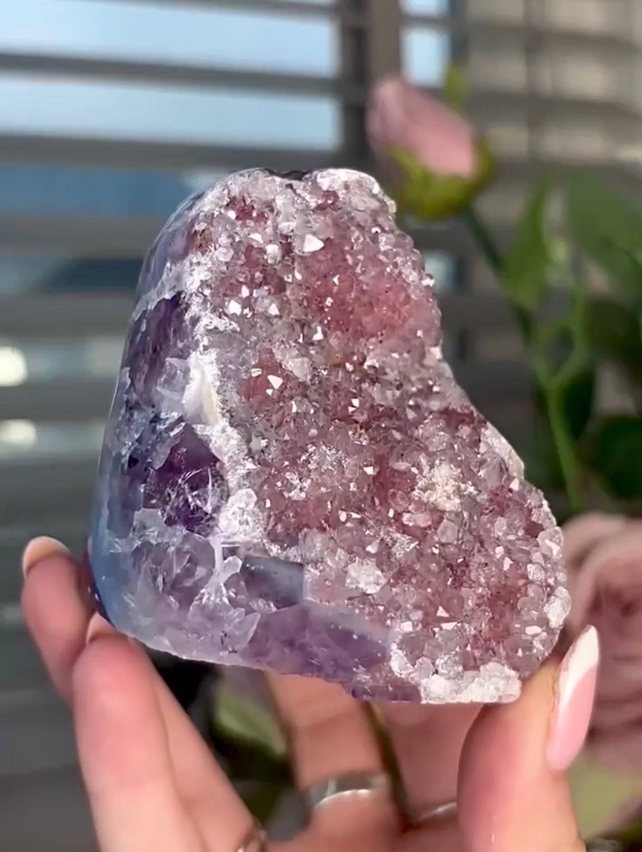 Light Pink rainbow amethyst on a purple & blue agate base