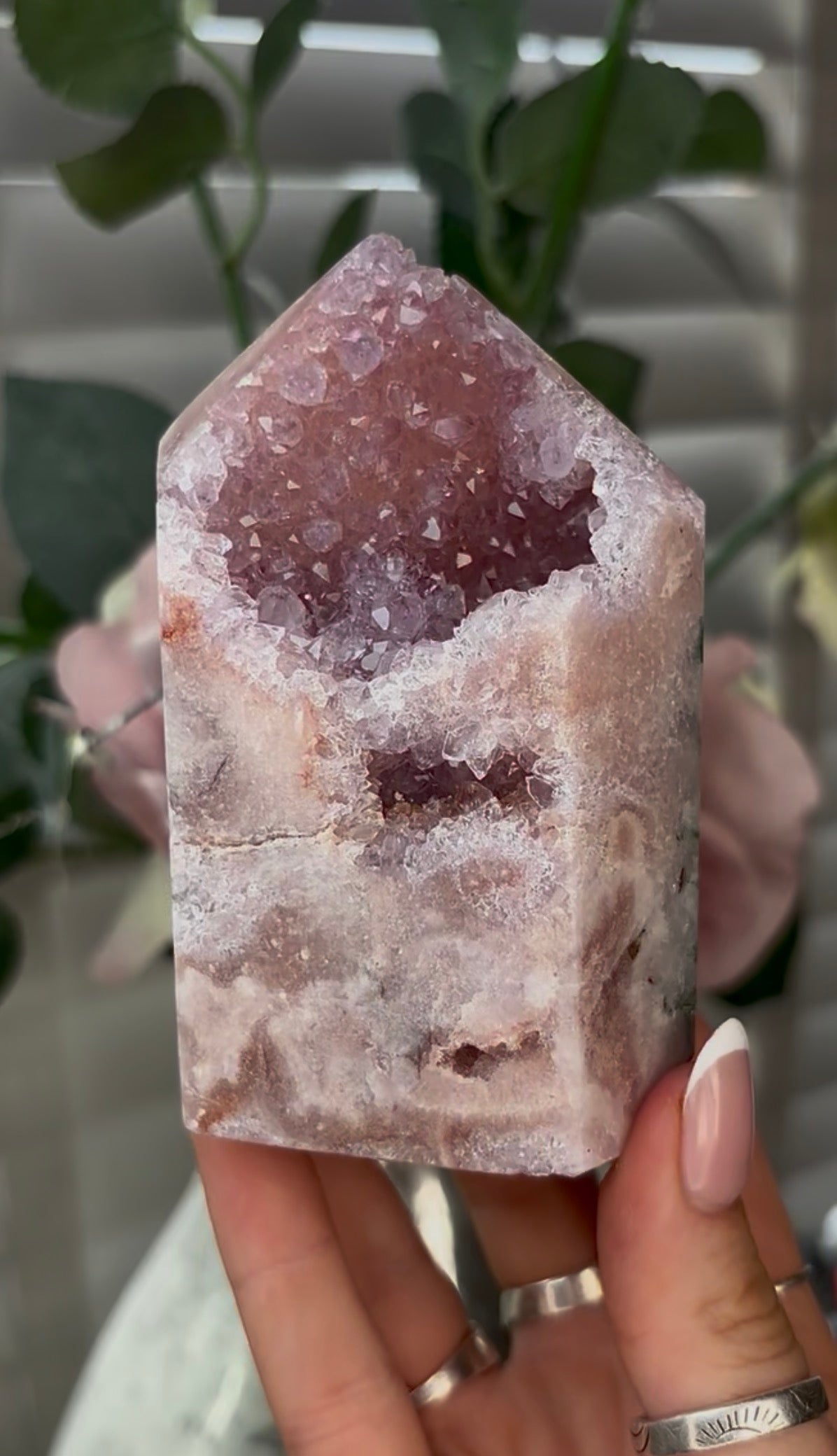 Beautiful, hq, druzy, Pink amethyst tower 10.3cm(h) by 6cm(w)