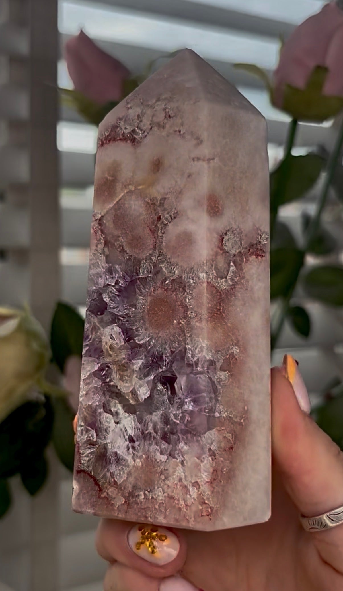 Pretty, Pink amethyst tower, with purple quartz druzy