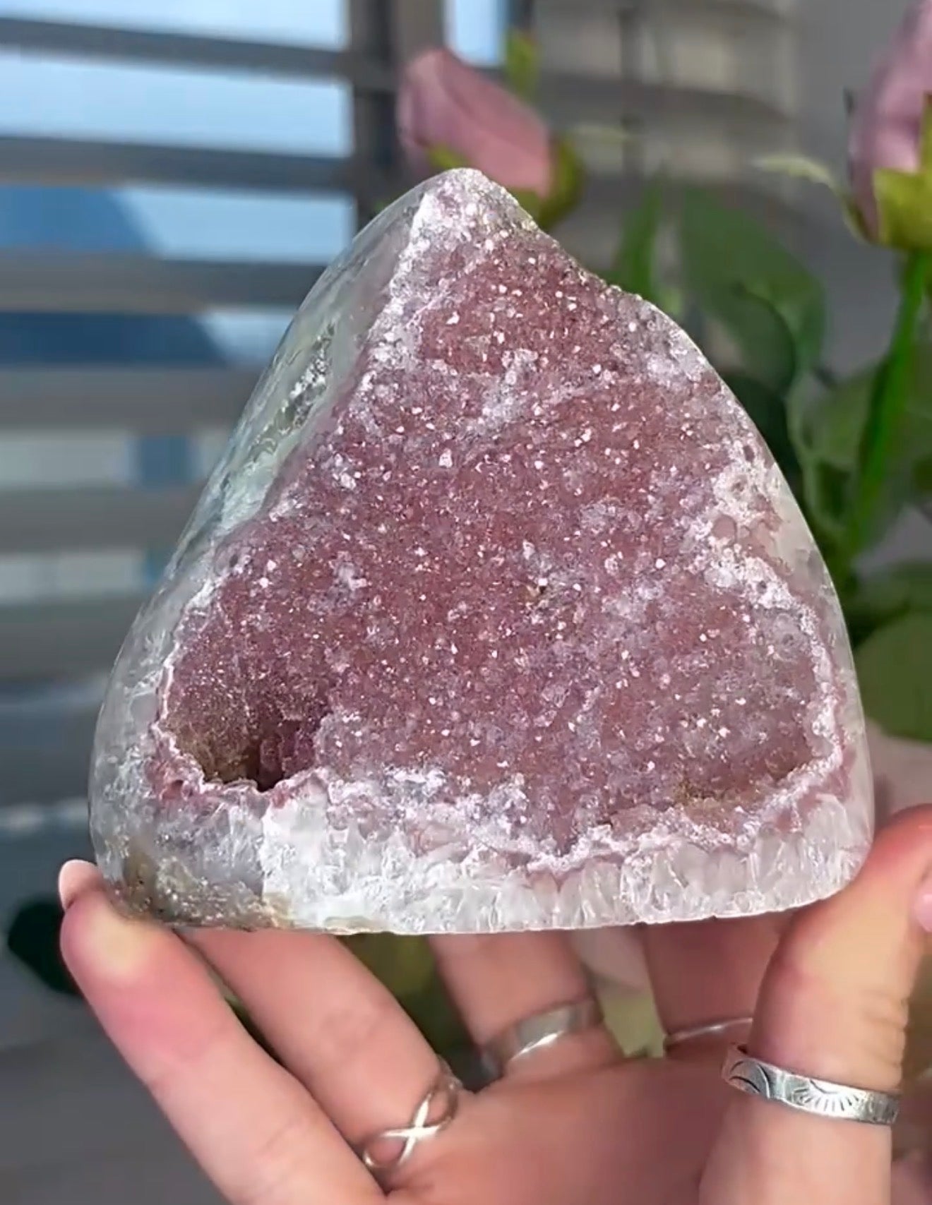 Pink Rainbow amethyst cutbase with a calcite base