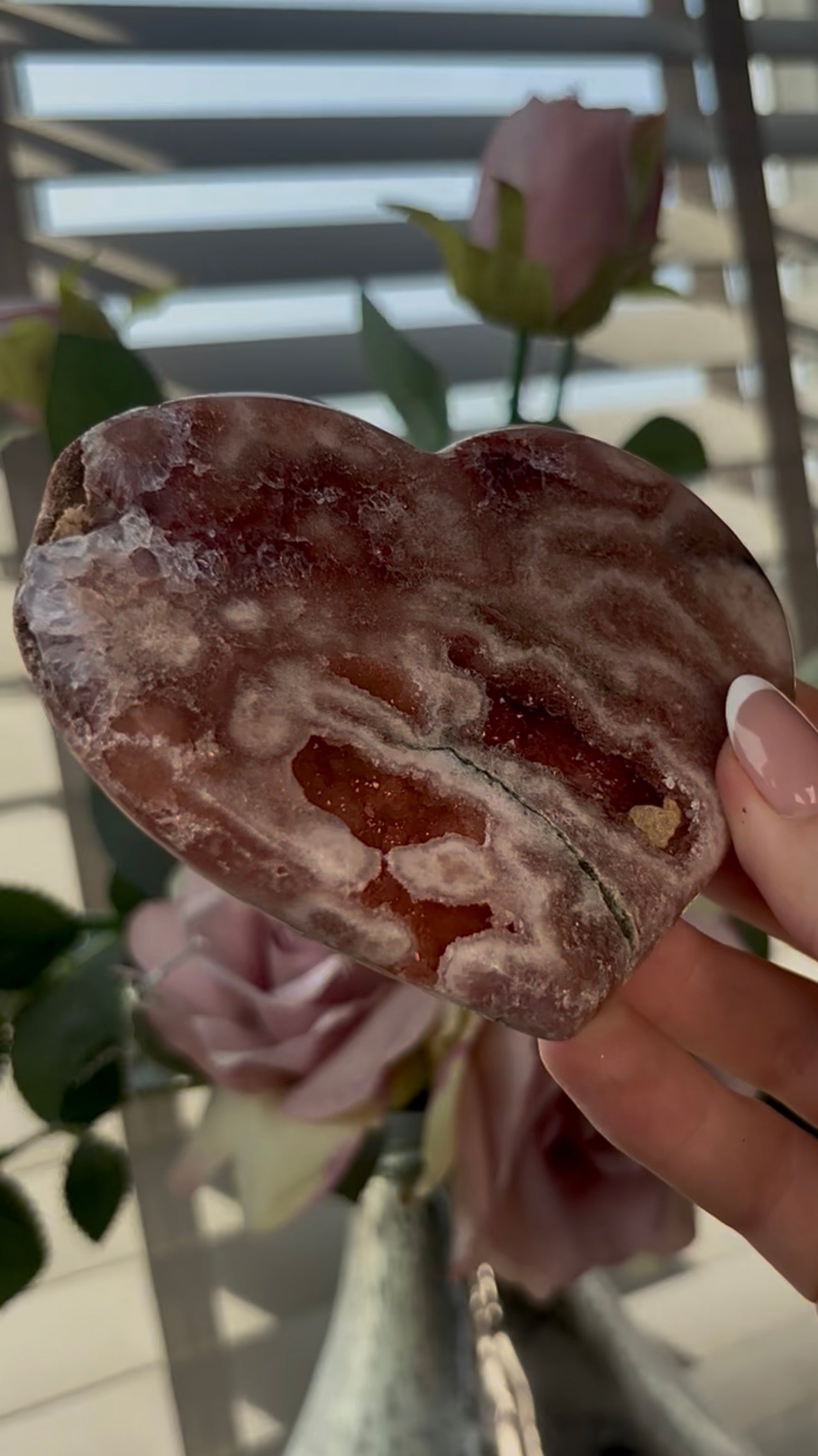 Gorgeous, pink amethyst heart with Jasper - comes with stand